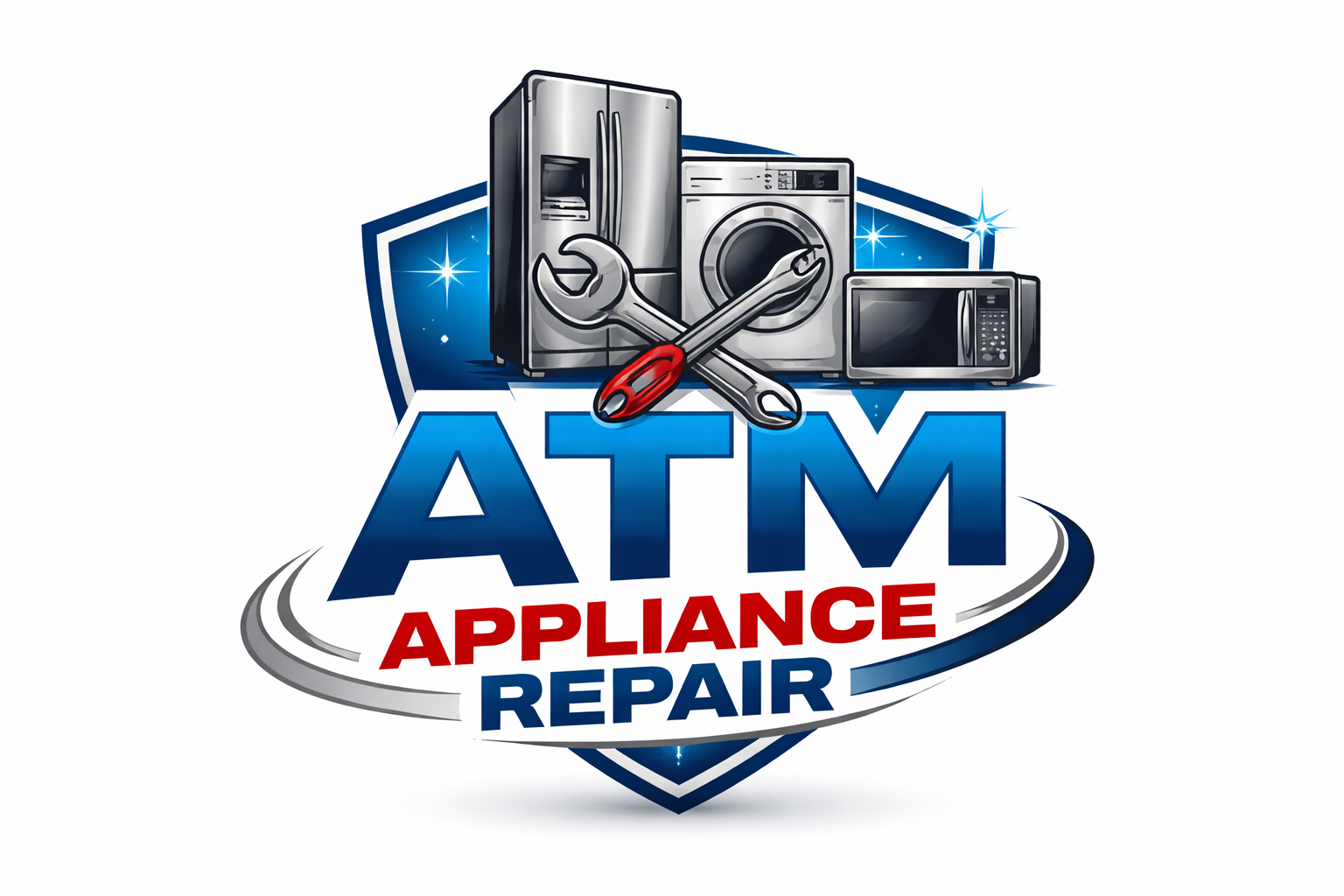 Logo for ATM Appliance Repair featuring a shield, images of a refrigerator, washing machine, microwave, and tools like a wrench and screwdriver.