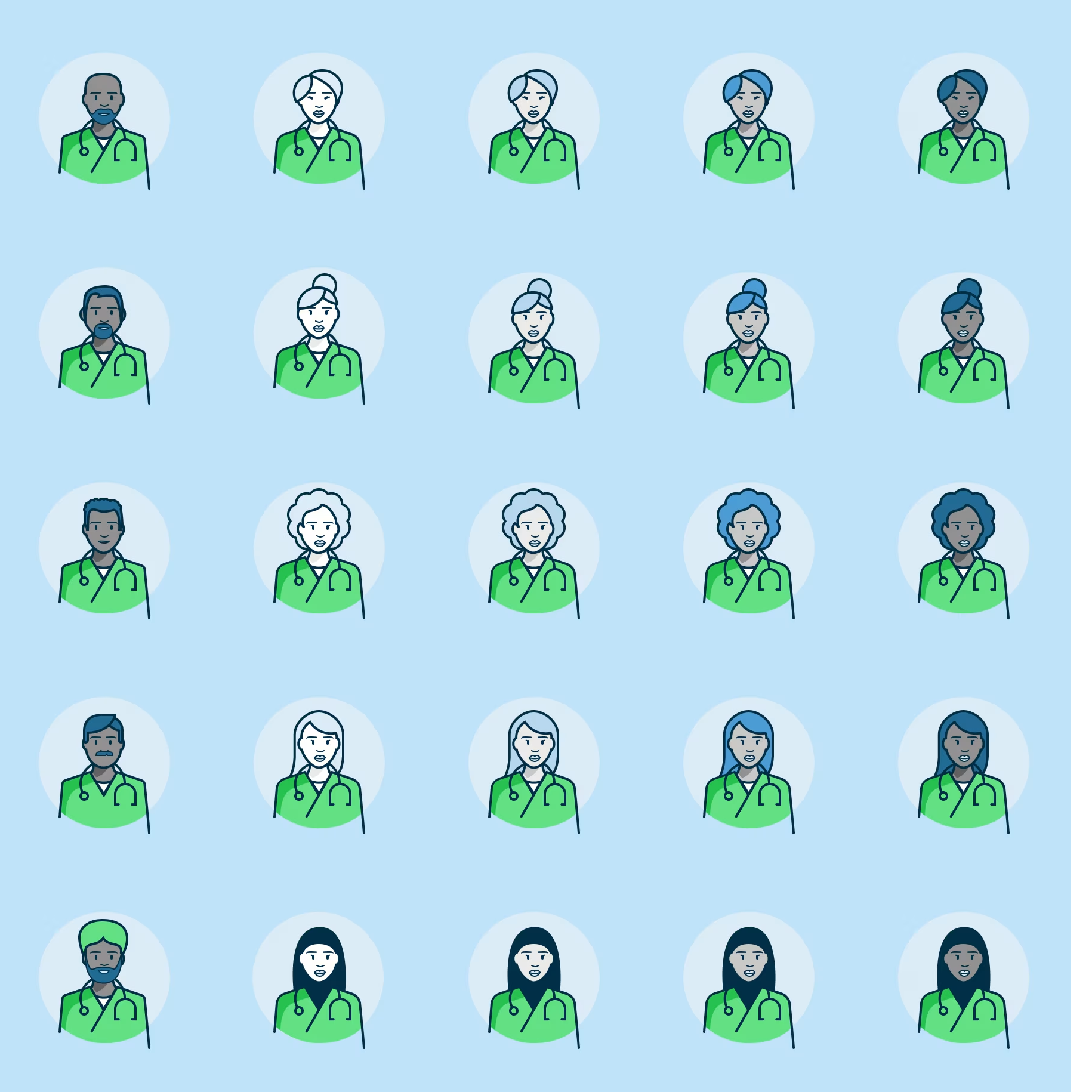Grid of diverse illustrated healthcare professionals, including doctors and nurses, with different hair styles, colors, and facial features, all wearing green scrubs and stethoscopes, set against a light blue background.