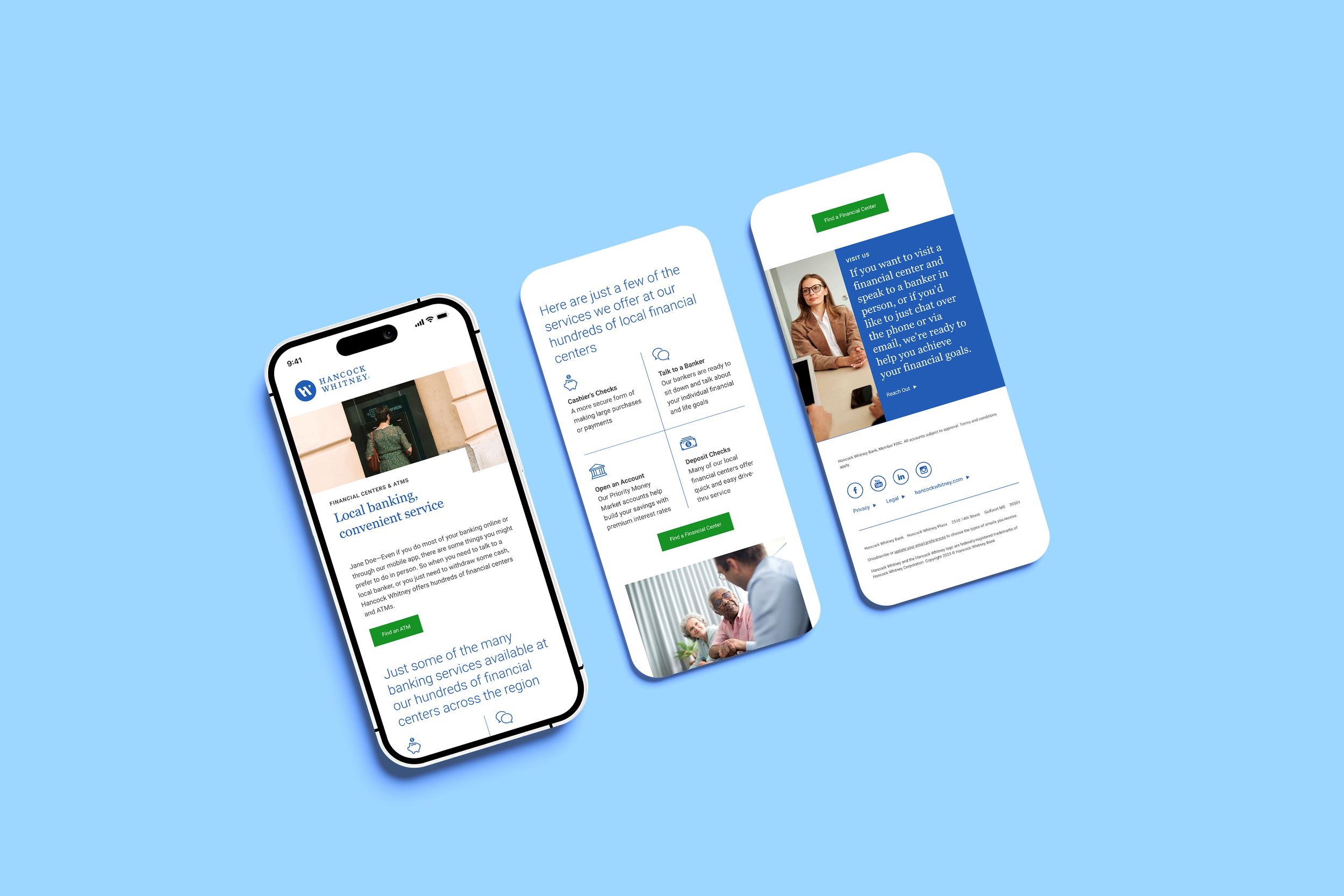 Three smartphones displaying different screens of a financial bank's mobile app and website on a light blue background.