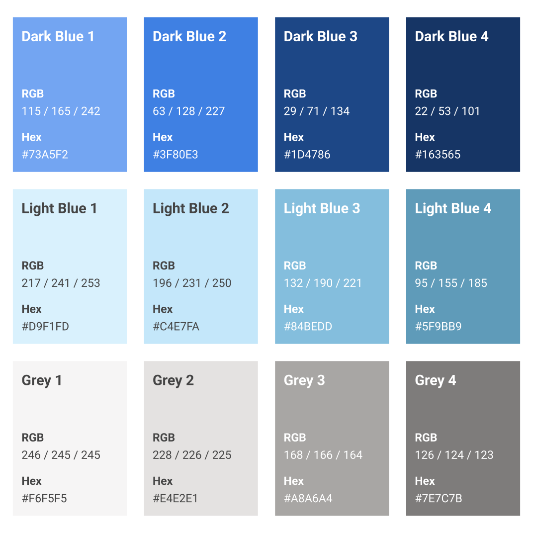 Color swatches of various shades of blue and gray, labeled with their names, RGB values, and hexadecimal color codes. The swatches include Dark Blue, Light Blue, and Gray shades.