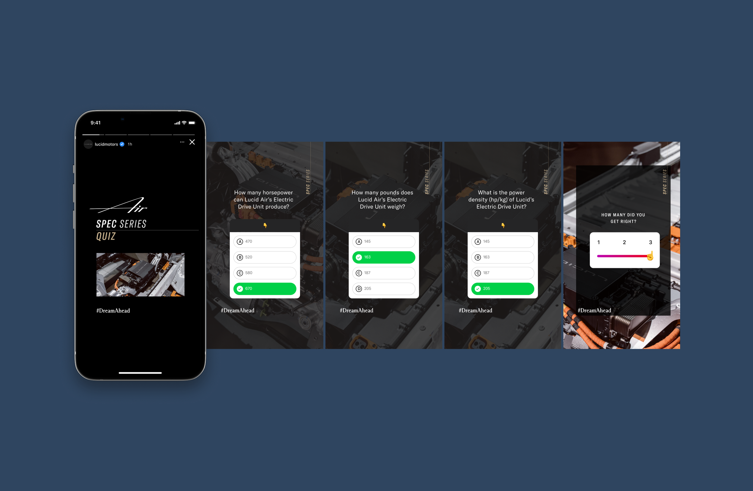 Smartphone displaying a quiz screen for Lucid Motors' SPEC Series with four multiple-choice questions about the electric drive unit, set against a dark background with a faint image of the drive unit.