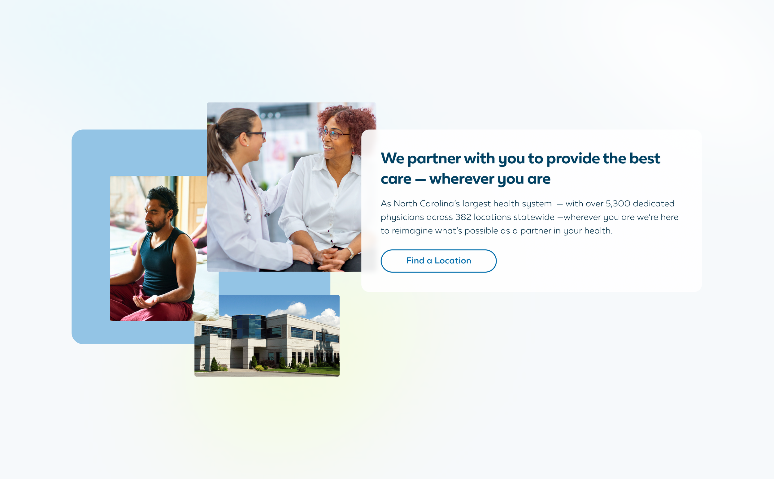 Healthcare website webpage with images of a doctor and patient in consultation, a person practicing meditation, and a hospital building, accompanied by text about healthcare services in North Carolina.