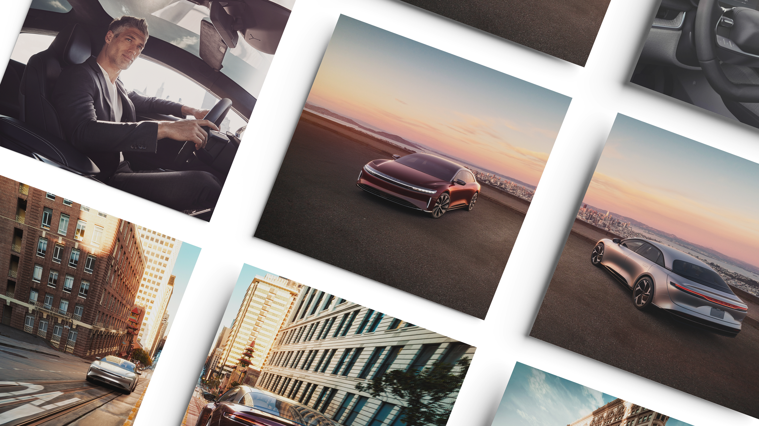 Collage of futuristic car images, including a man driving a vehicle interior, a sleek car parked on a hillside at sunset, and an urban street scene with city buildings and a modern car in motion.