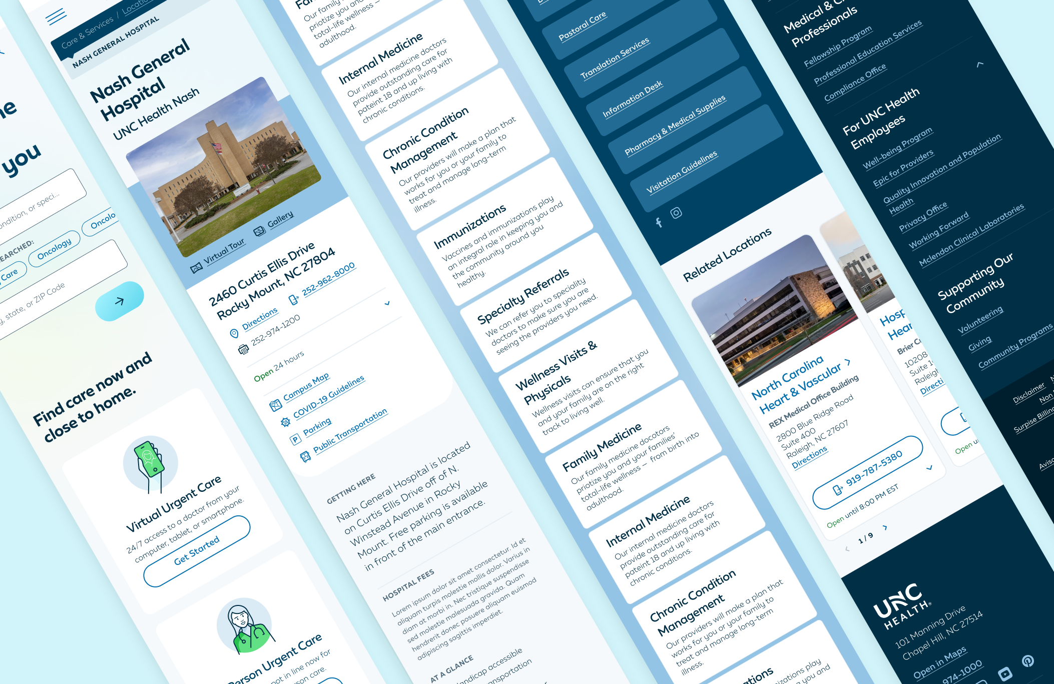 Screenshots of a healthcare provider's website pages, showing information about Nash General Hospital, virtual urgent care, internal medicine, chronic condition management, immunizations, wellness visits, family medicine, and related locations with maps, contact details, and guidelines.