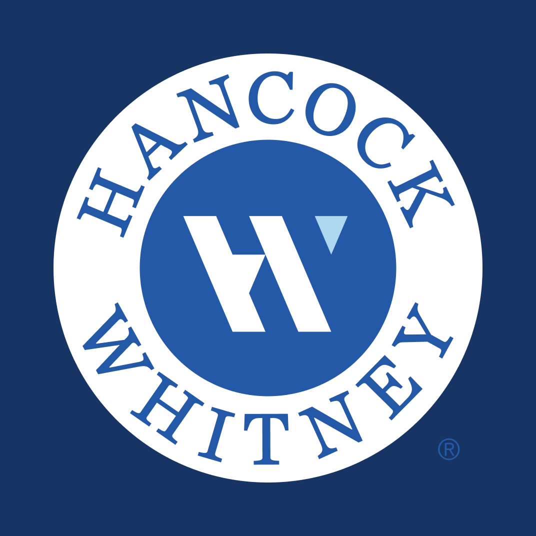 Hancock Whitney logo with a dark blue background, white circular outline, and a stylized 'W' in the center.
