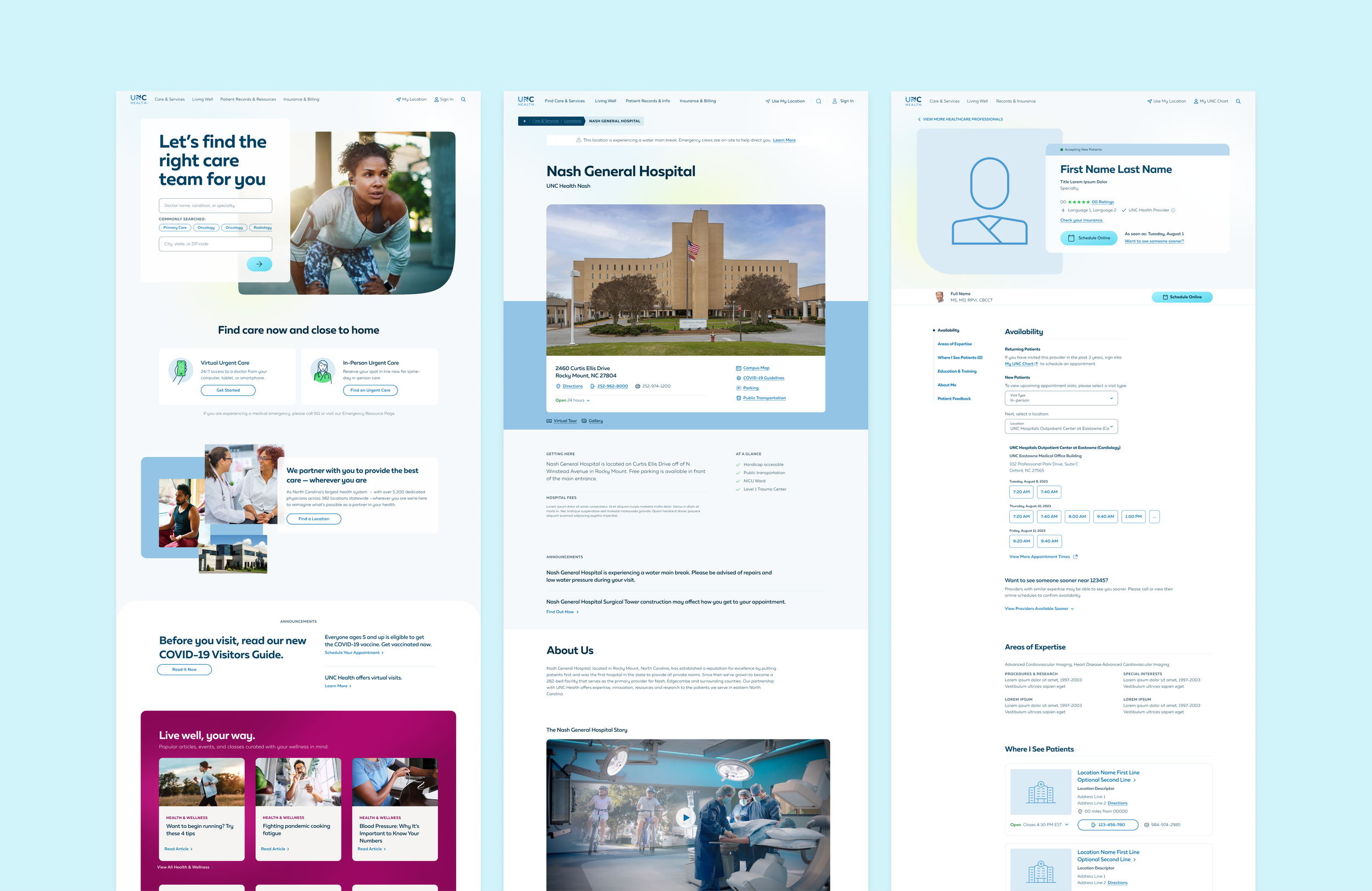 Screenshots of a hospital website with sections for finding care, hospital information, appointment scheduling, and health advice.