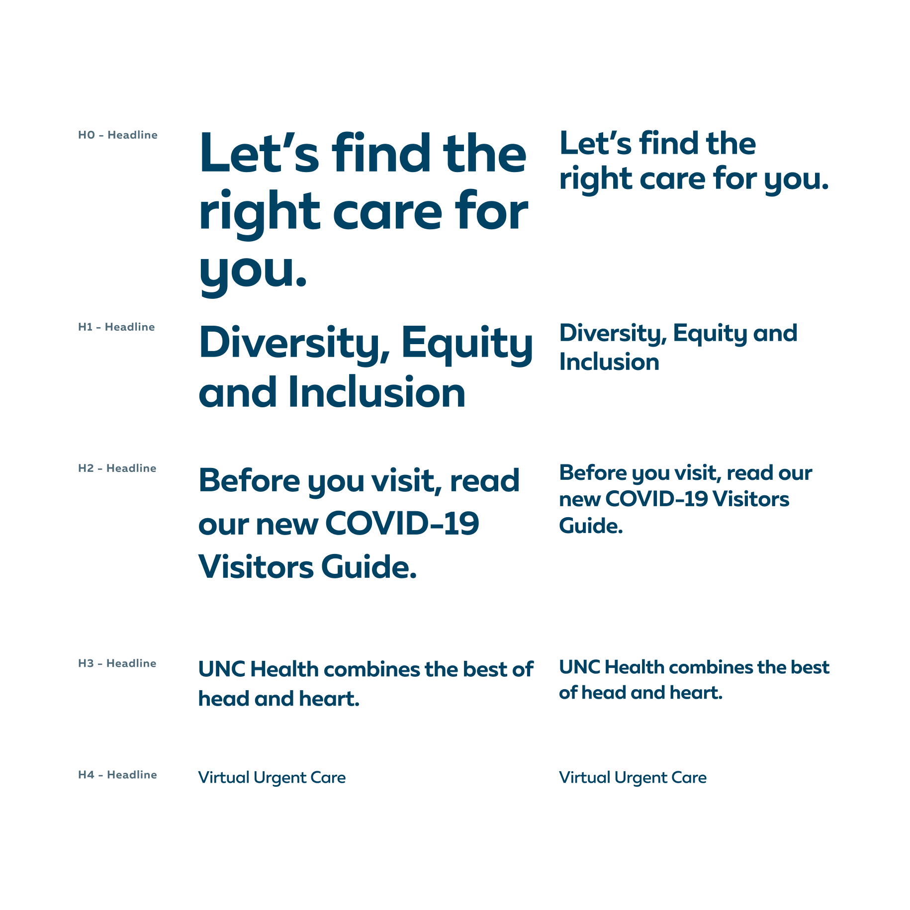 A healthcare information flyer with headlines about finding the right care, diversity, and COVID-19 visitor guidelines at UNC Health.