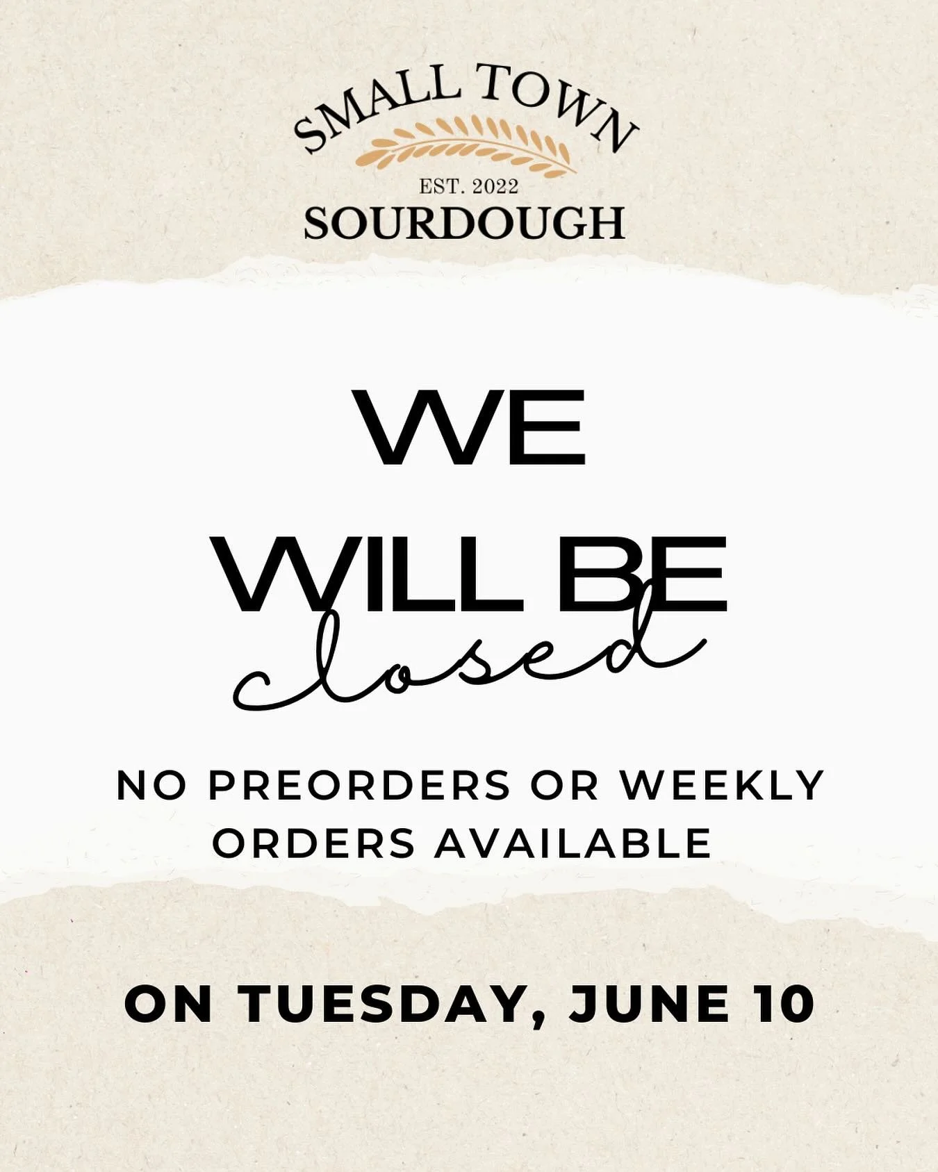 IMPORTANT! I will NOT be baking the week of June 10. I will repost this closer to that date but wanted to give my weekly customers enough advance notice - NO BREAD ON JUNE 10!!