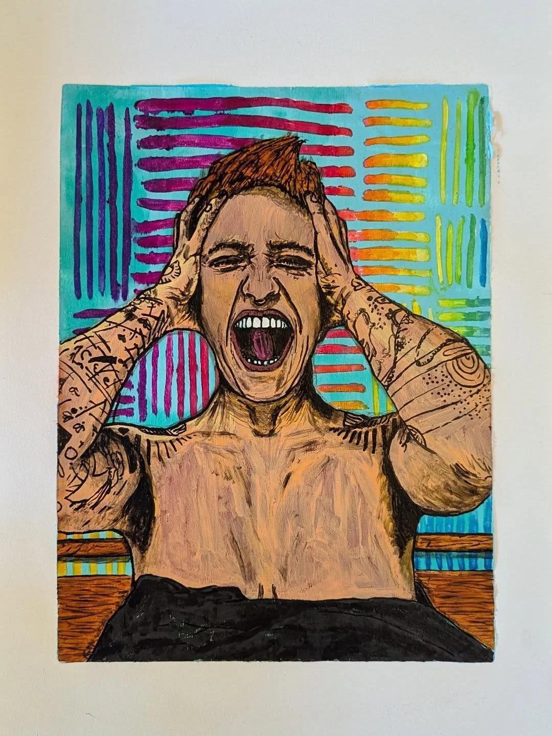 "Awake" (2026)
12x16 acrylic monoprint
NFS until after the summer shows

It's taken me a while (and a whole lot of work) to realize that I don't need to be what I project others want me to be. I can be myself, in all my neurodivergence, que