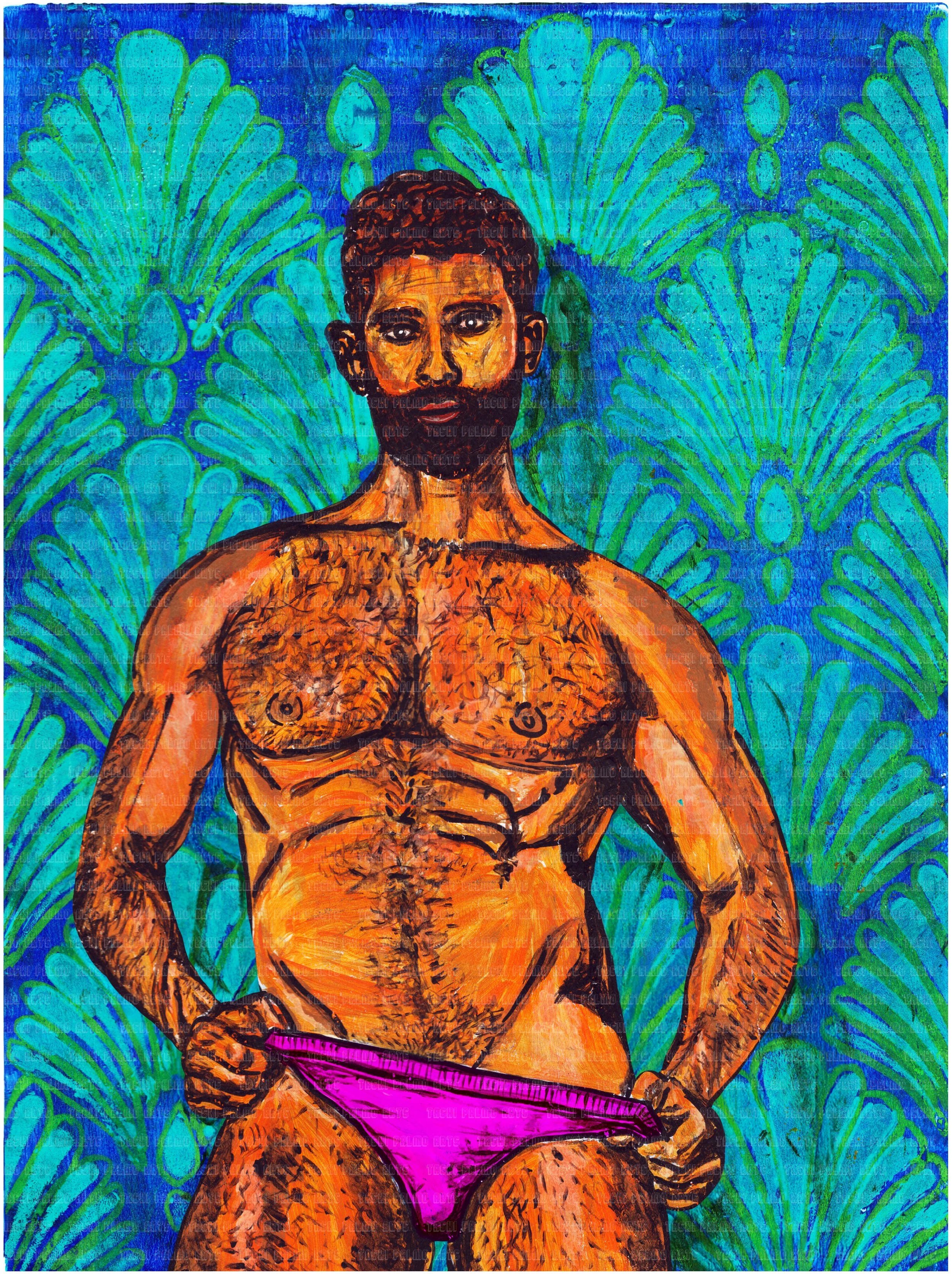 Gel plate print of "Bite-Sized", an acrylic monoprint by Tashi Palmo Arts featuring bearded man in a bright pink bikini standing in front of a blue and green wallpapered background.