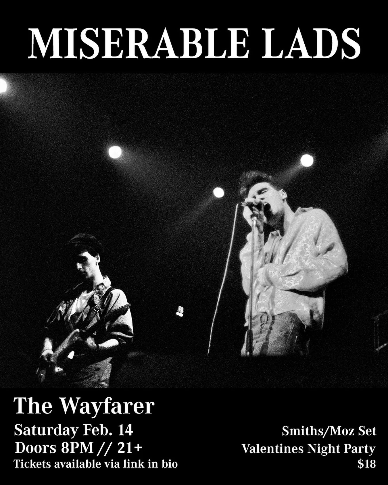 Valentines Night Party at @wayfarercm ❤️

Bring your loved ones (or broken heart) and enjoy a night full of 80&rsquo;s nostalgia. We will be joining @devotional_dmexperience_ and @pictures_of_you_tribute 🕺🏻

Misery loves company, won&rsquo;t you jo