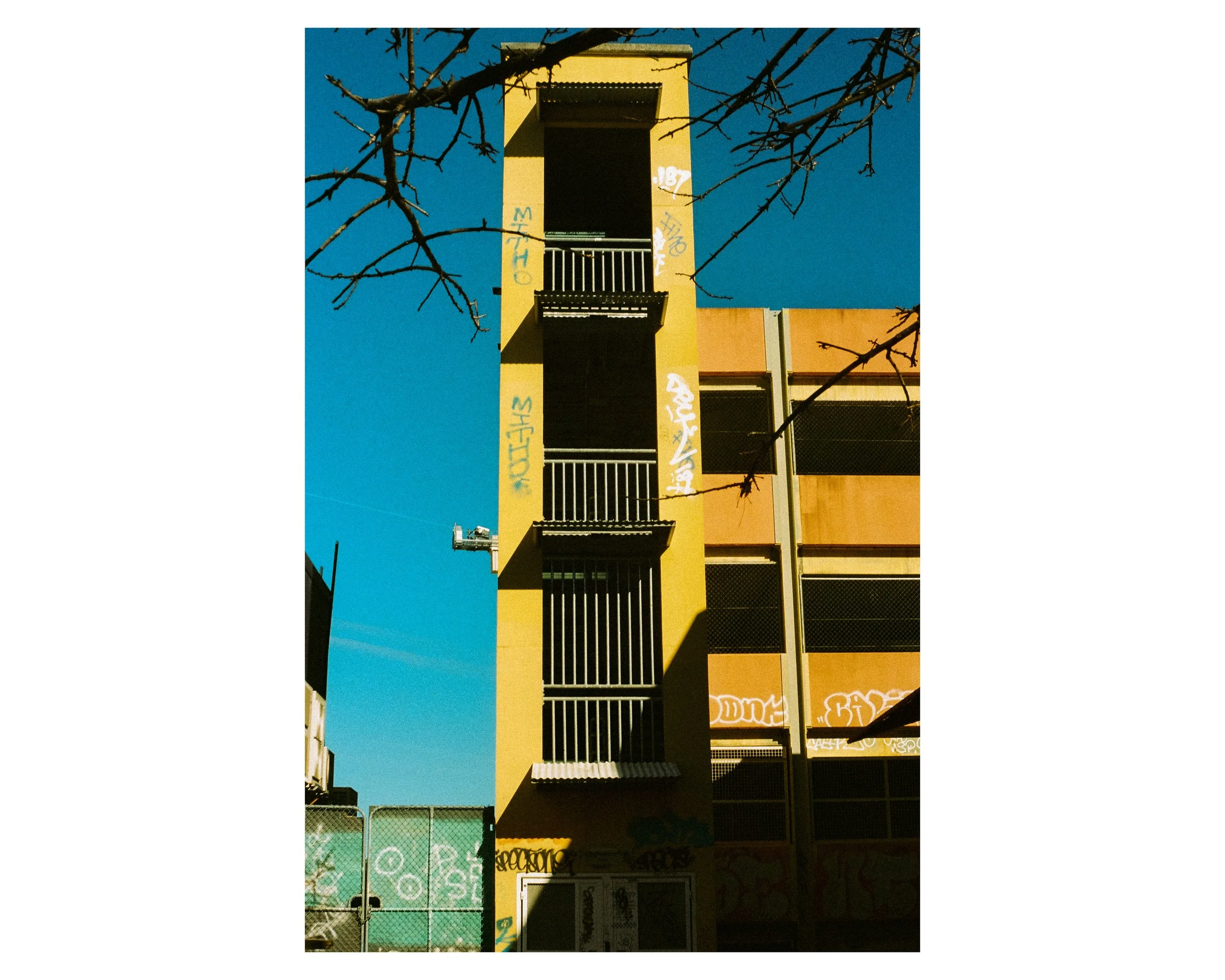 A multi-story building with a yellow facade and black metal fire escapes. The building has storefronts with graffiti on the lower level. A tree with bare branches is in the foreground, and there is a bright blue sky in the background.