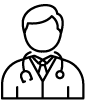 Line drawing of a doctor in a white coat with a stethoscope.