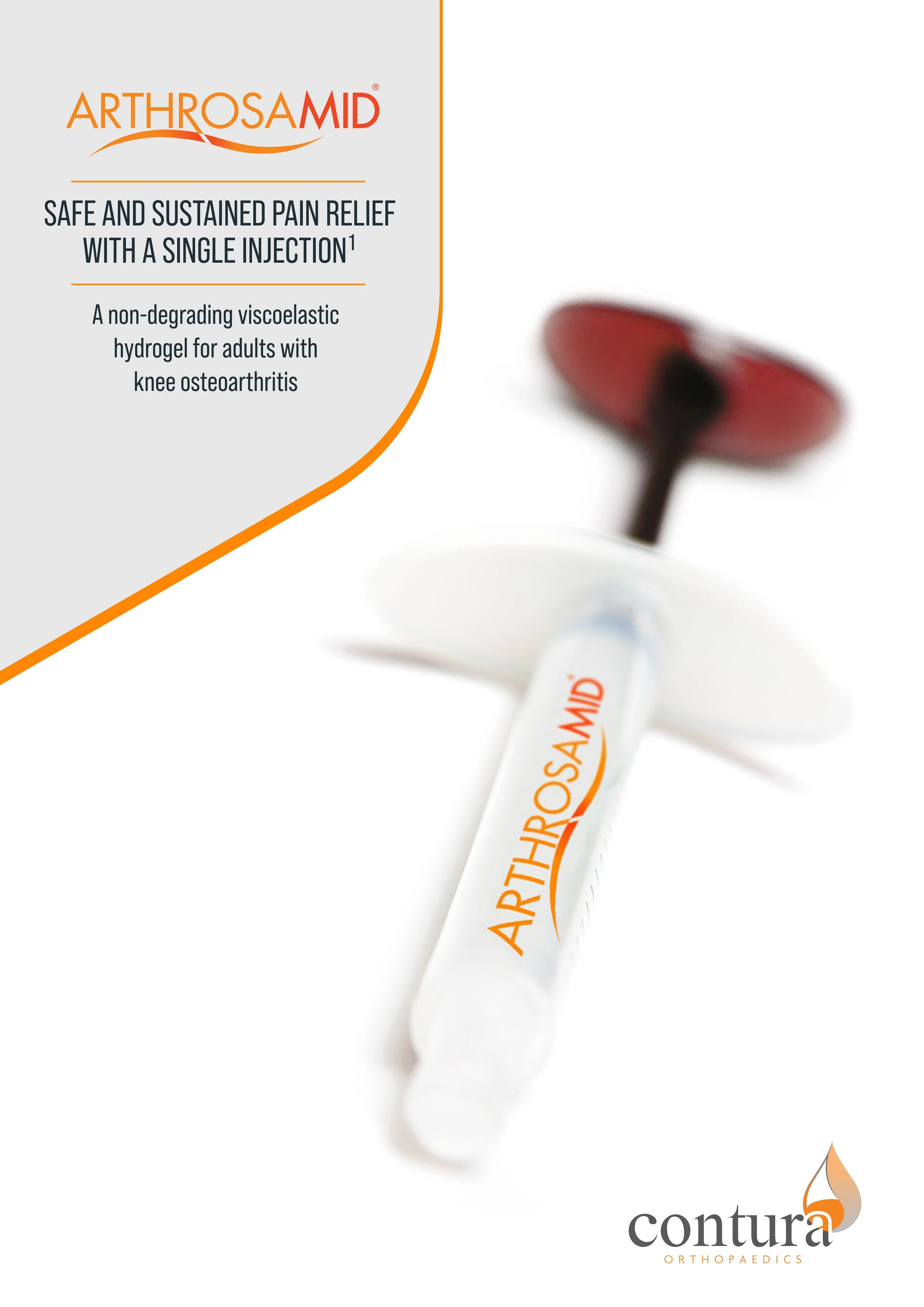 A syringe with the label 'Arthrosamid' next to a red and black knee implant, advertising a knee pain relief treatment by Contura Orthopaedics.
