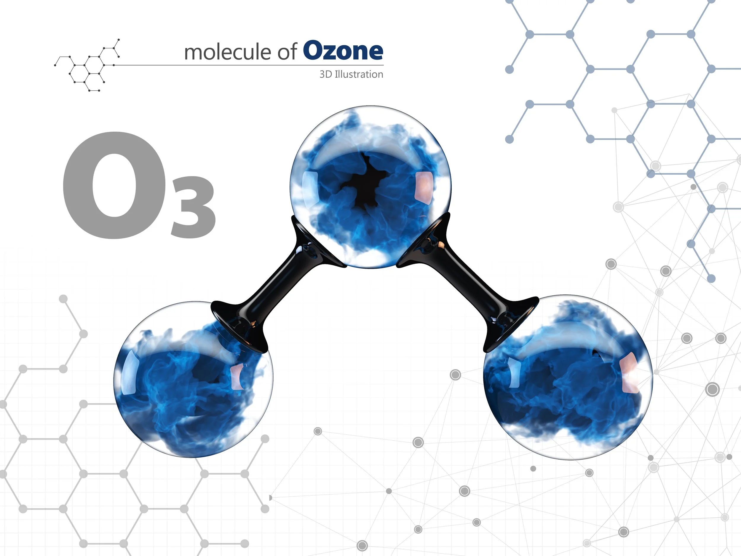 3D illustration of ozone molecule with three connected spheres containing blue cloud-like textures, molecular structure in the background, and the chemical formula O3.  Highlighting the structure of ozone, advertising prolozone therapy.