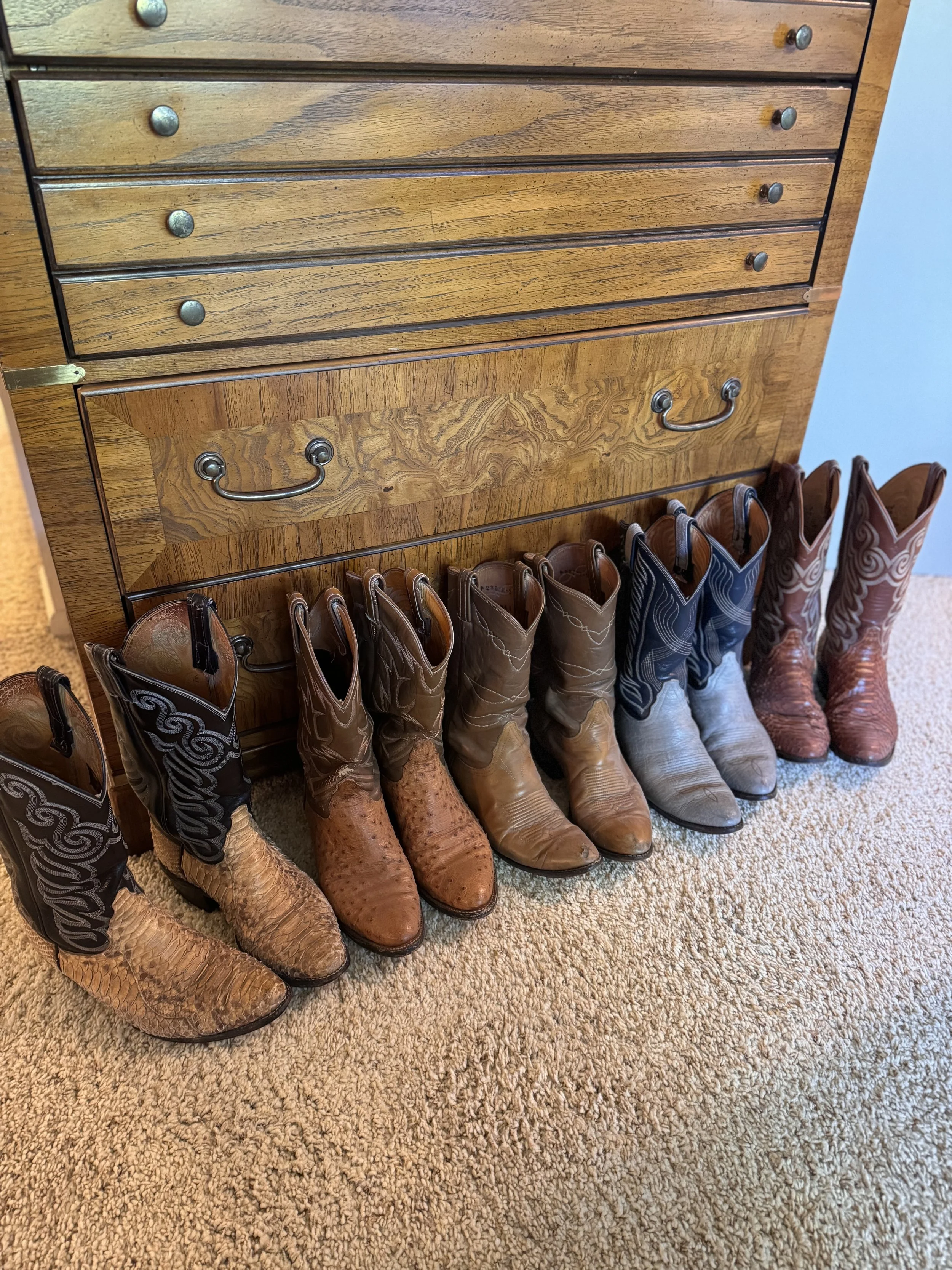 A collection of cowboy boots arranged in a row on a beige carpet, with a wooden dresser in the background.