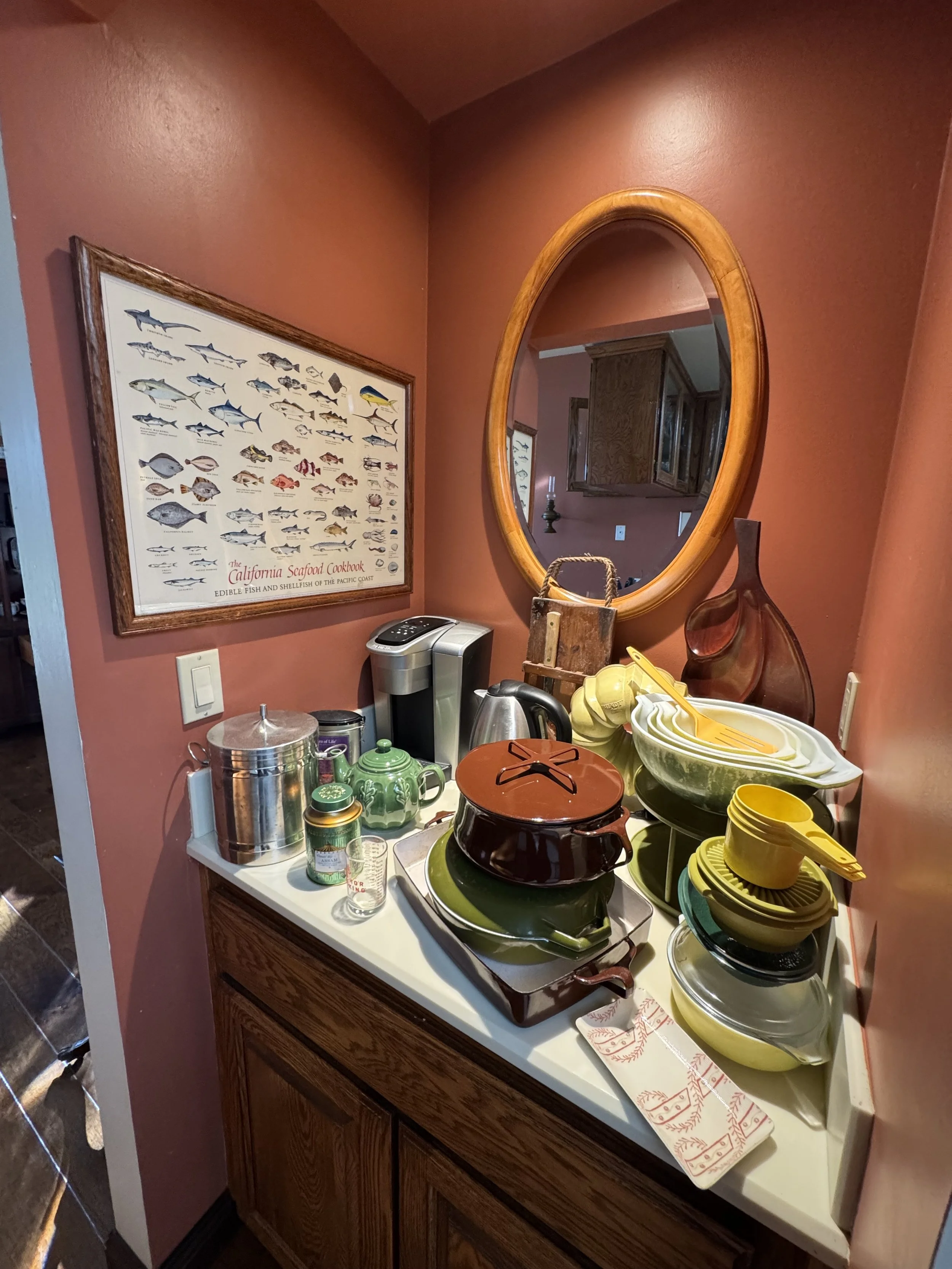 Kitchen countertop with stacks of yellow and black plates, a red cast iron pot, a green teapot, a coffee maker, a metal container, and various kitchen utensils. A wall with a framed fish chart and a mirror above the counter reflects part of the room.