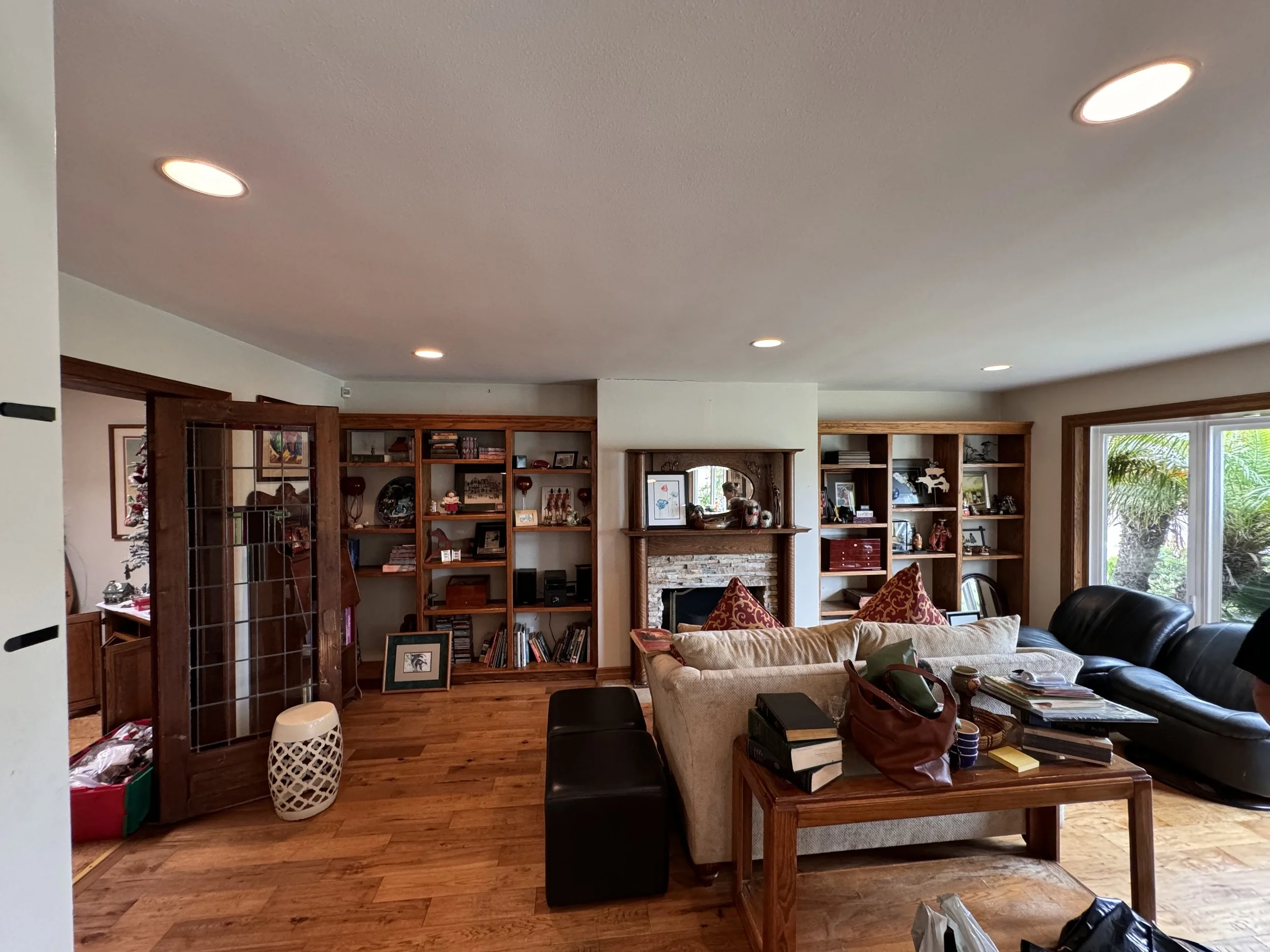 Living room with ceiling lights, wooden bookshelves, a fireplace, large window, couches, and scattered books and bags.