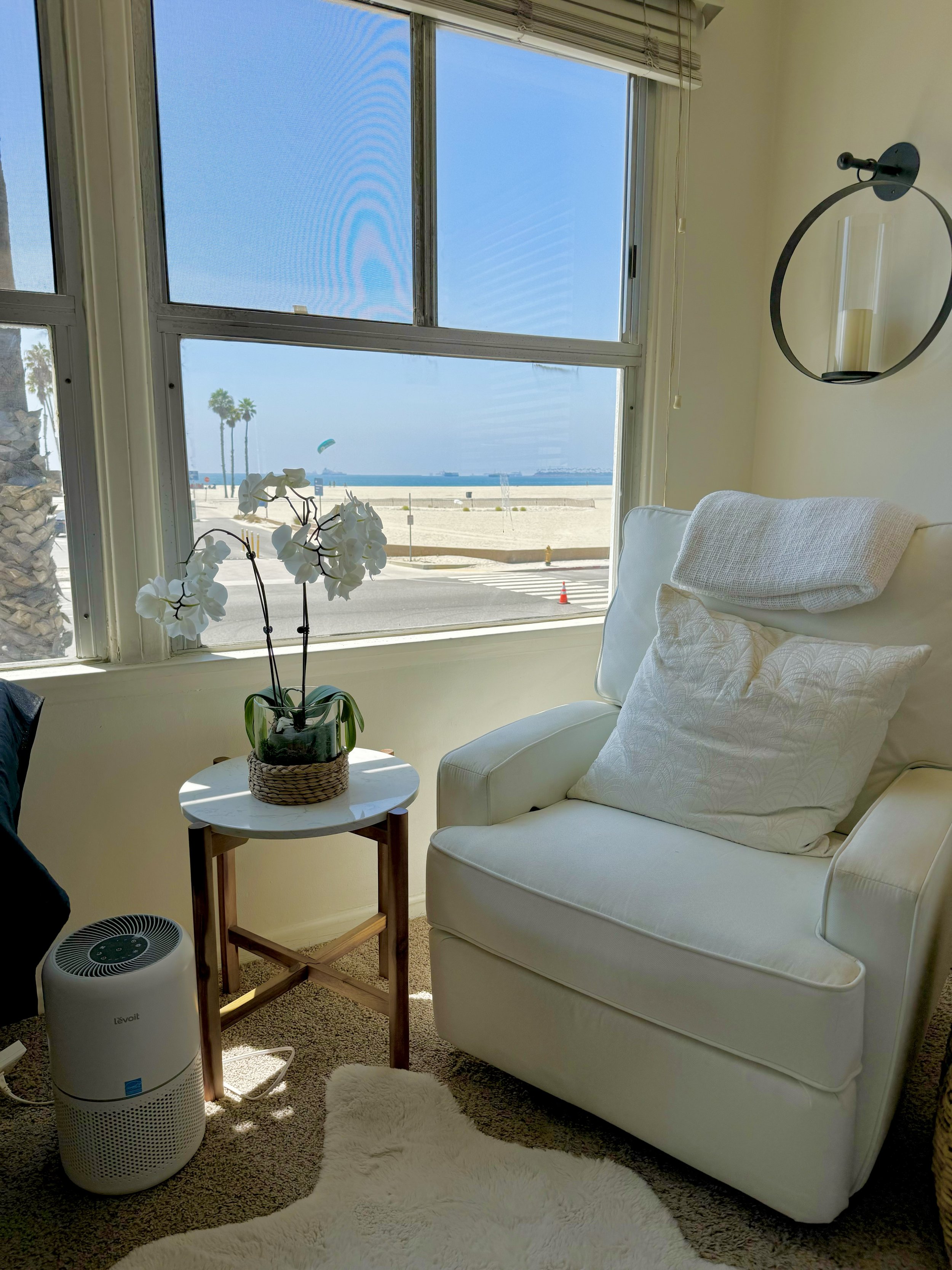 View from inside a cozy living room with large windows showing a beach scene with palm trees and a kite in the sky. The room has a white sofa, a small round table with a potted orchid, a white air purifier, and a fluffy white rug on brown carpet.