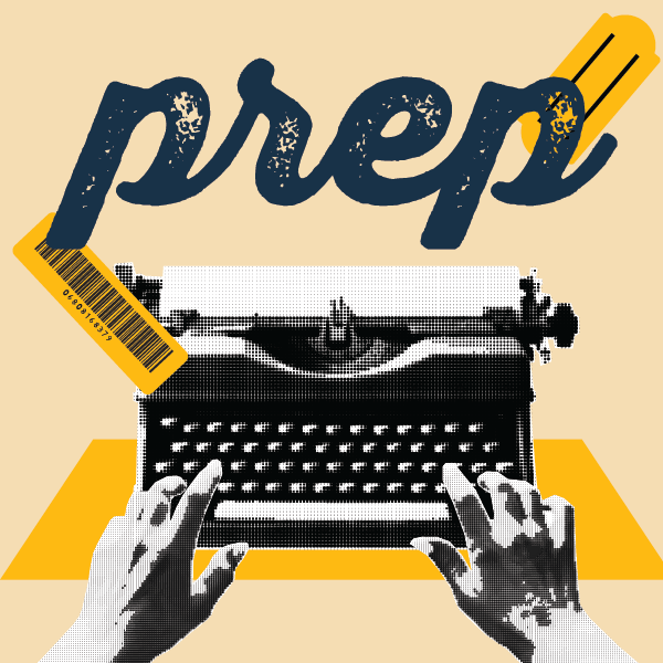 Illustration of a typewriter with hands typing, with the word 'prep' written in cursive above and a yellow pencil and a barcode.