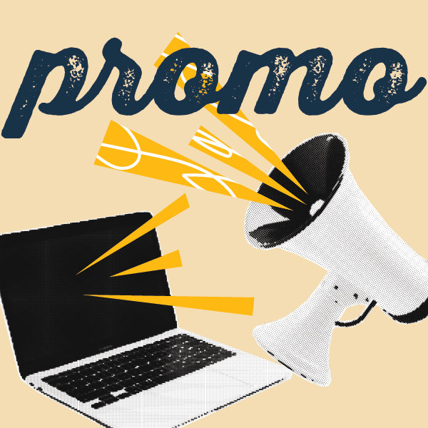 A laptop computer with a megaphone emitting yellow and white sound waves and the word "promo" in large, distressed navy blue text above.