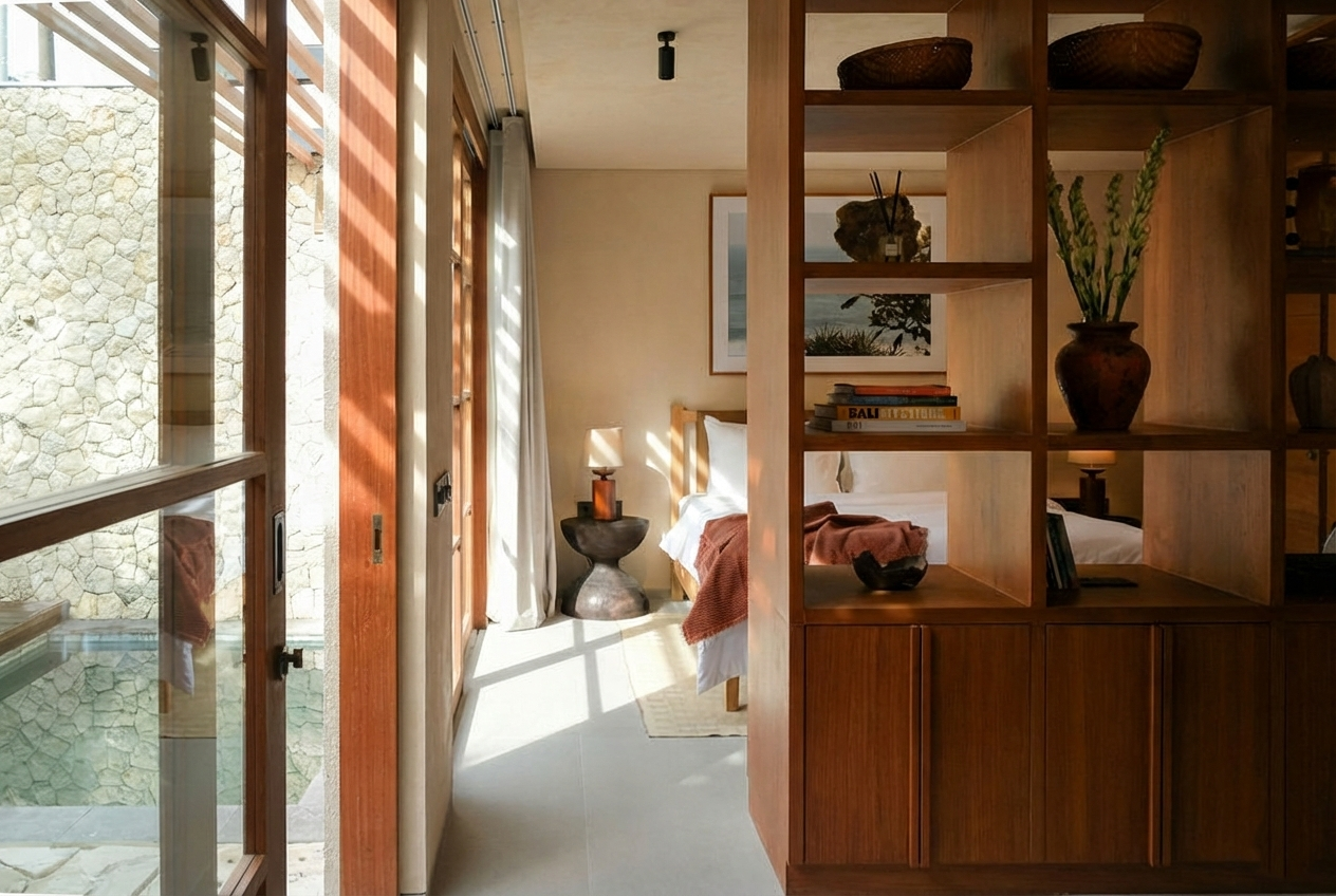 A bedroom with a partially open sliding glass door, beige walls, a wooden bed with white bedding and rust-colored blanket, a nightstand with a lamp, and a wooden room divider with decorative items and books.