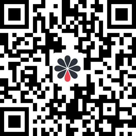 A black and white QR code with a small floral logo in the center.