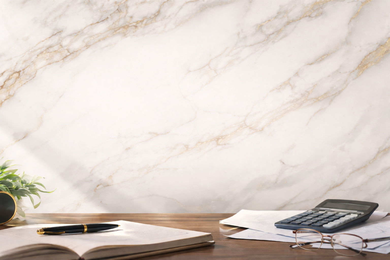 A desk with a pen and open notebook, a calculator, papers, glasses, and a potted plant against a marble wall.