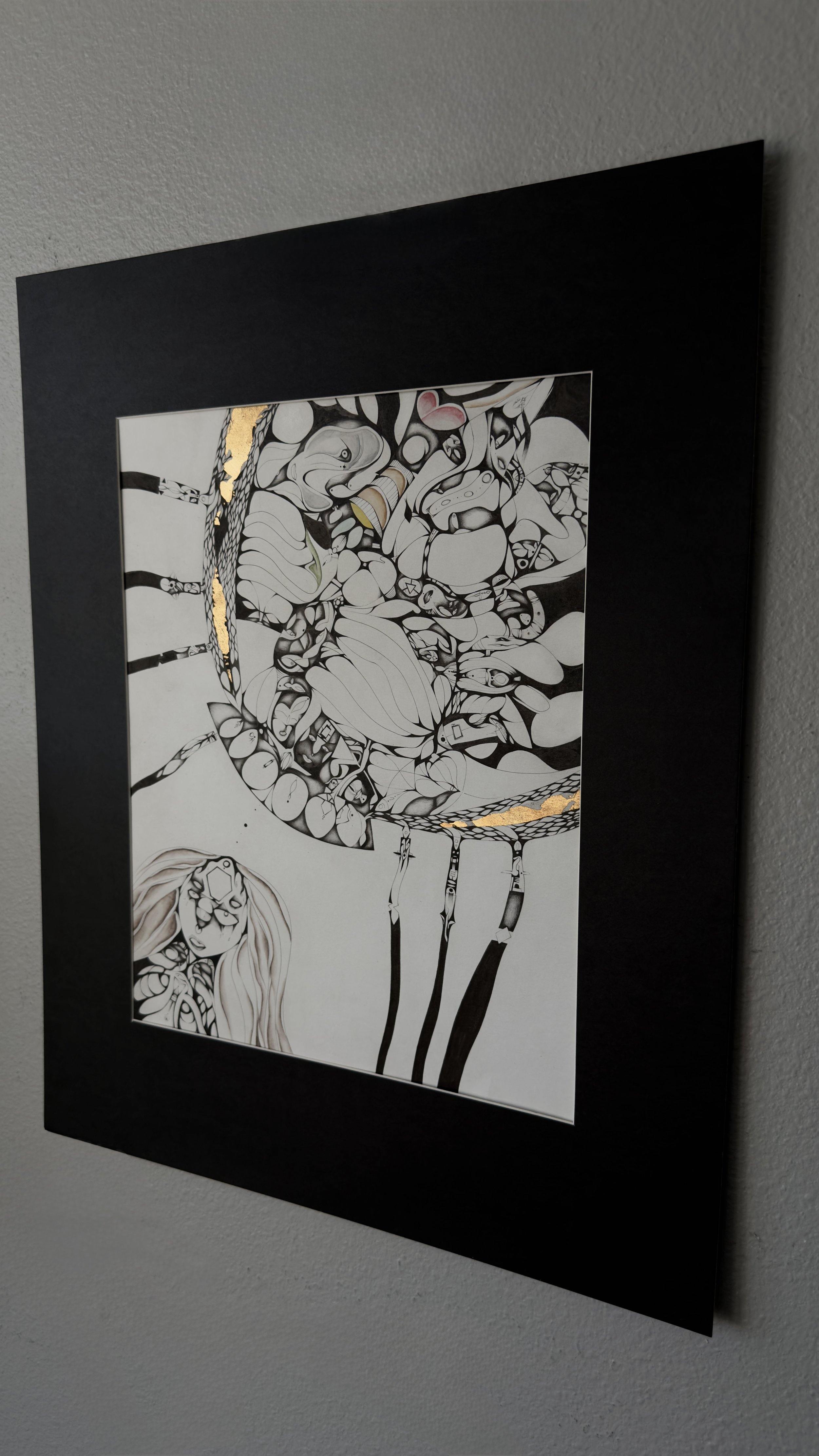 Black, white, red, green, brown, and yellow illustration with abstract shapes and patterns, and an entity with long hair looking up.