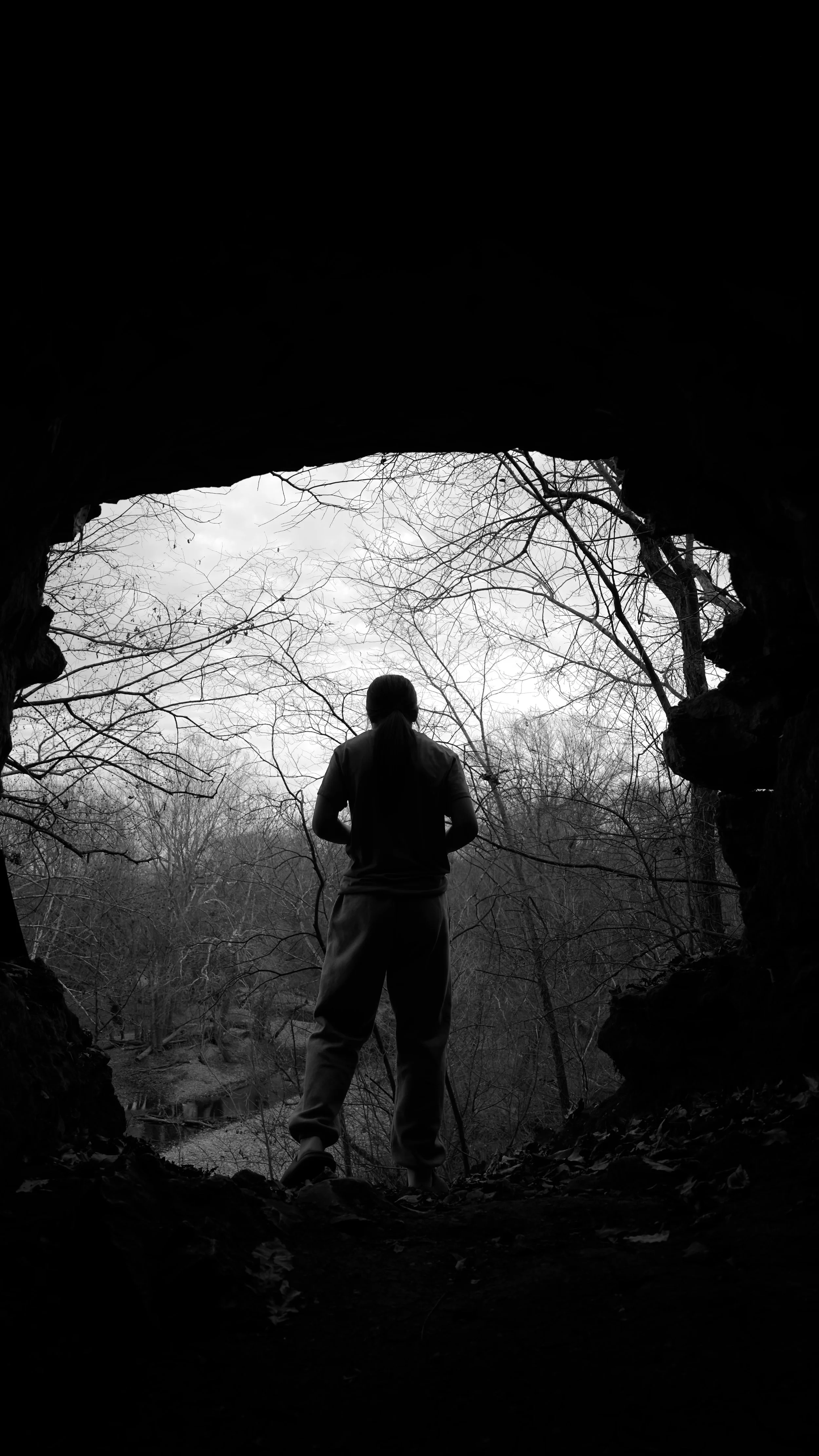 A person with long hair standing at the entrance of a cave, looking out over a forested area with leafless trees in winter, in black and white.