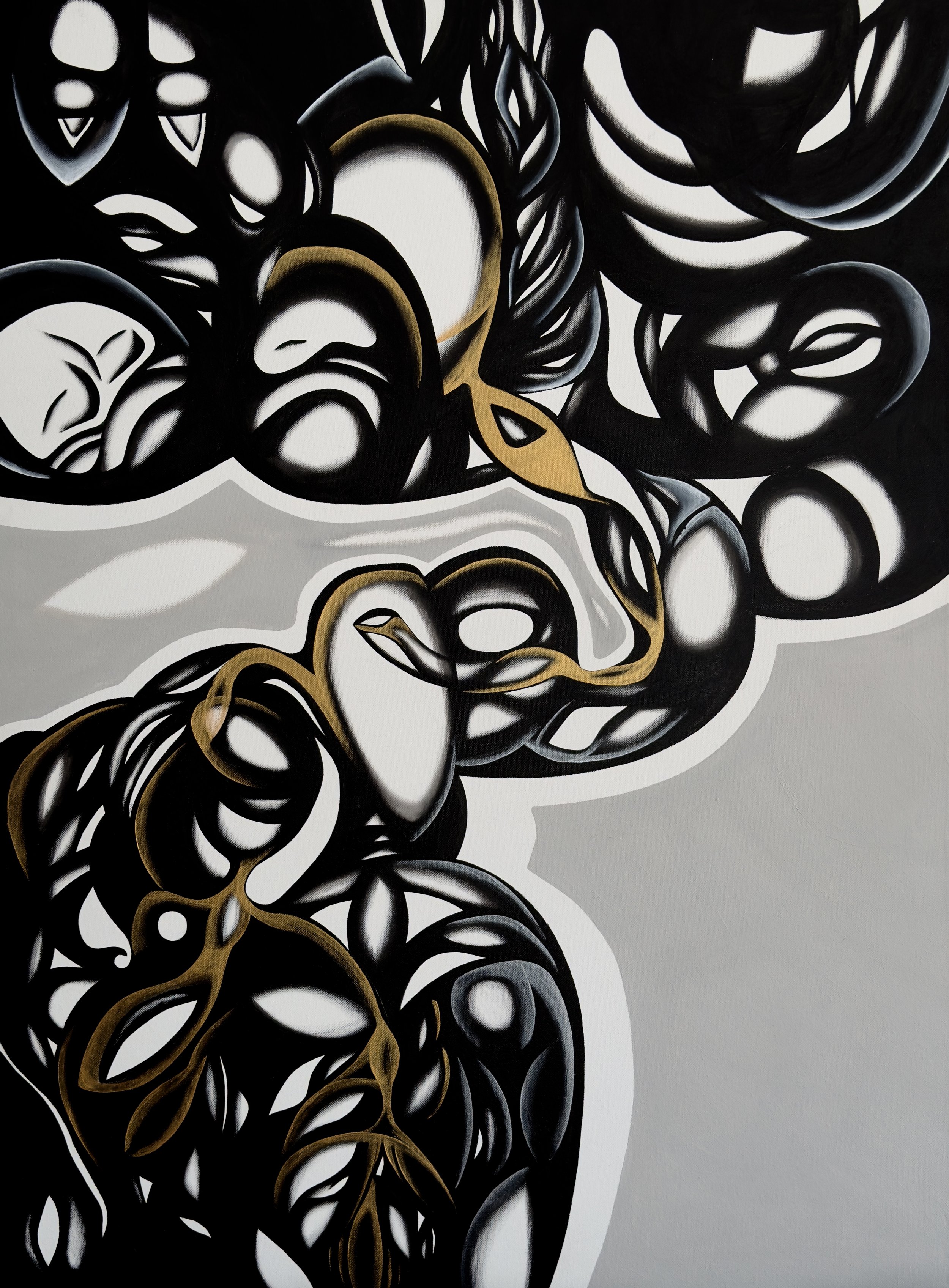 Abstract black, white, and gold line art of a stylized female face and hair on a gray background.