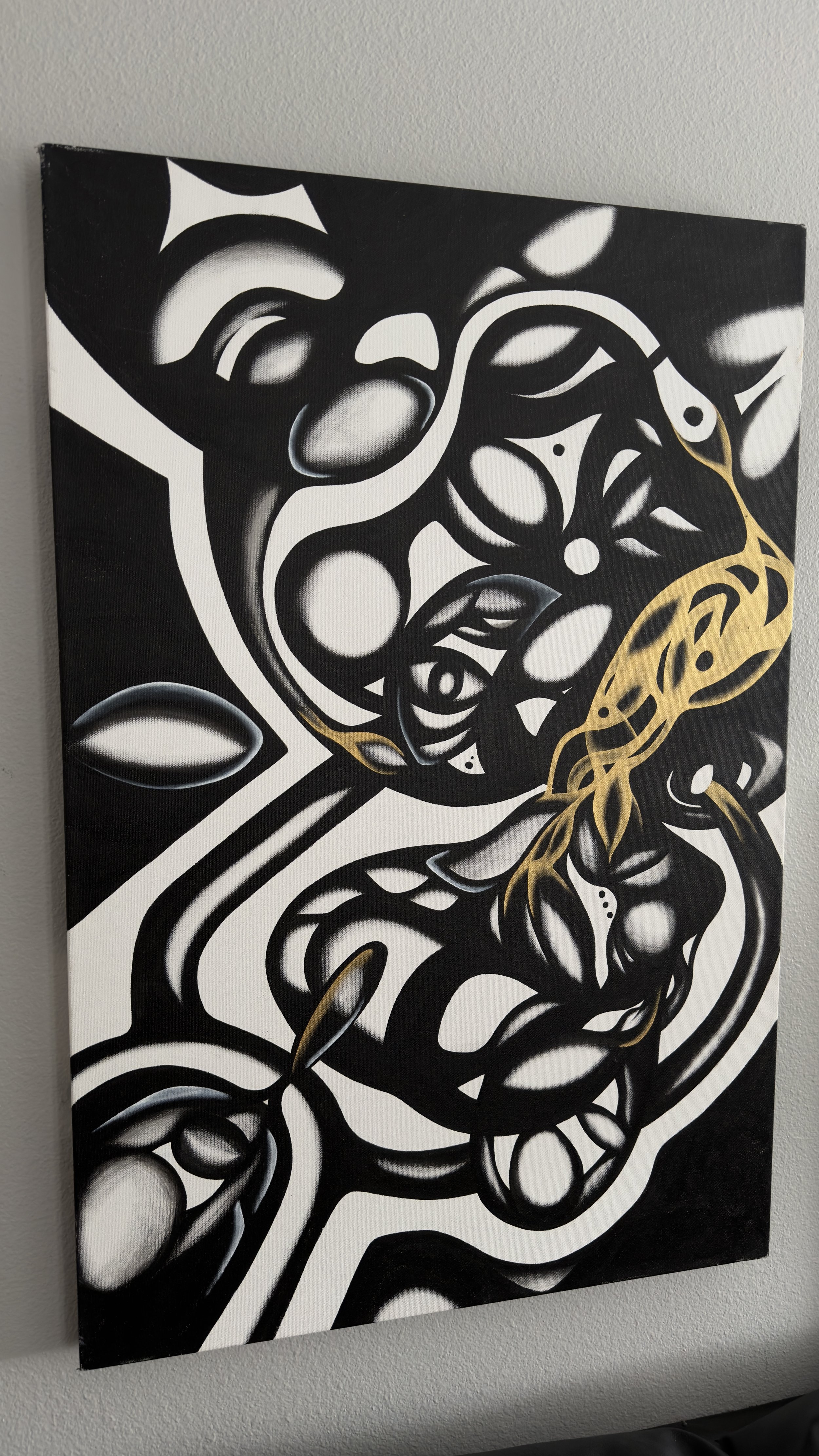 Black and white abstract painting with swirling, interconnected shapes and patterns, with some gold accents.