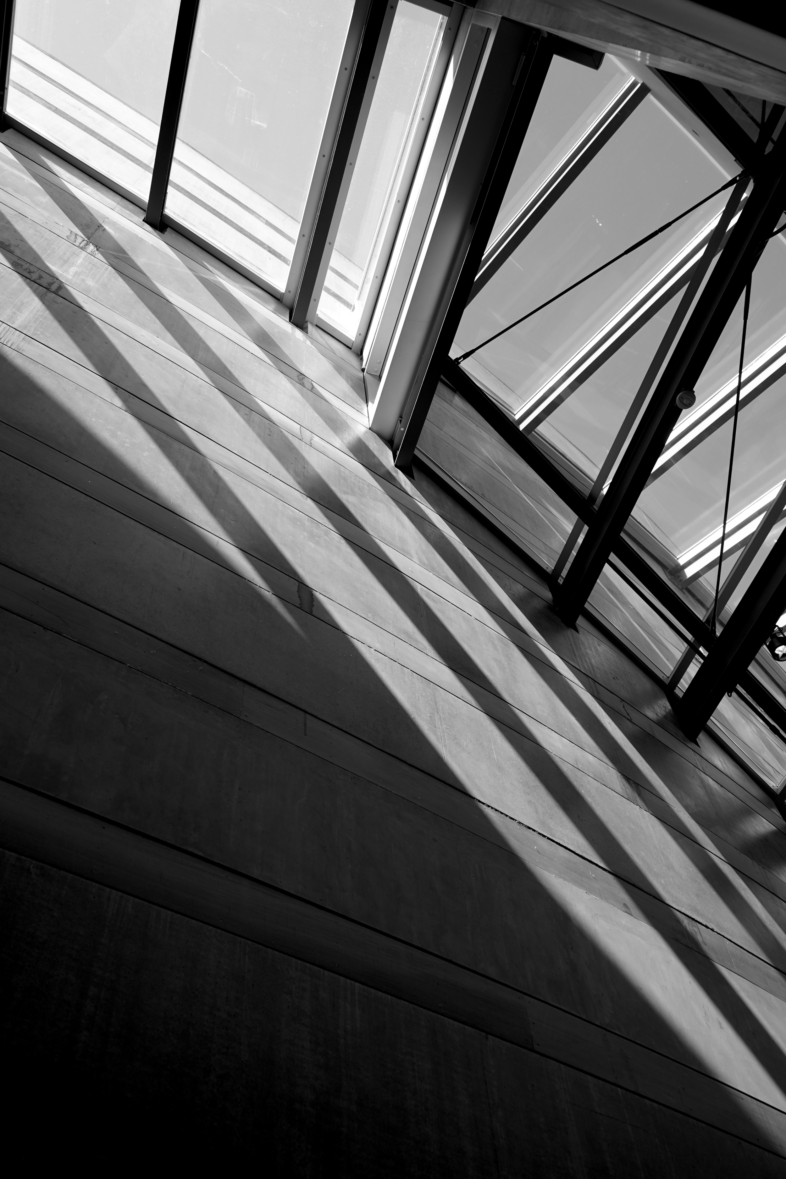 Black and white photograph of a modern building interior, featuring large glass windows and shadows cast on a wooden floor.