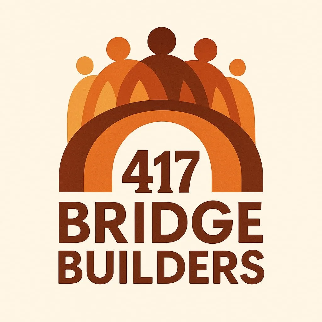 Logo for 417 Bridge Builders featuring stylized bridges and five human silhouettes in varying shades of brown and orange.