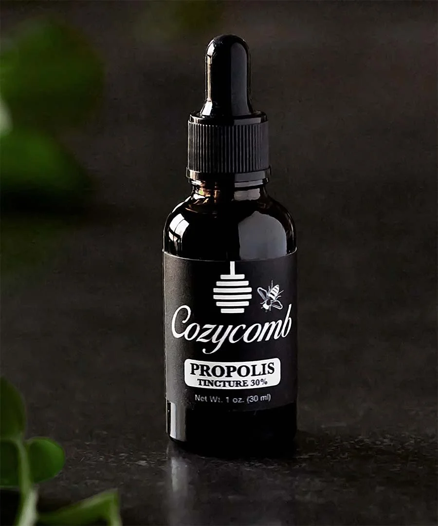 A small black bottle with a dropper cap labeled "Cozycomb" containing propolis tincture, standing on a dark surface with a blurred green plant in the foreground.