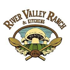 Logo of River Valley Ranch & Kitchens featuring a mushroom, two wooden spoons crossed, and a stylized tree with the year 1976.