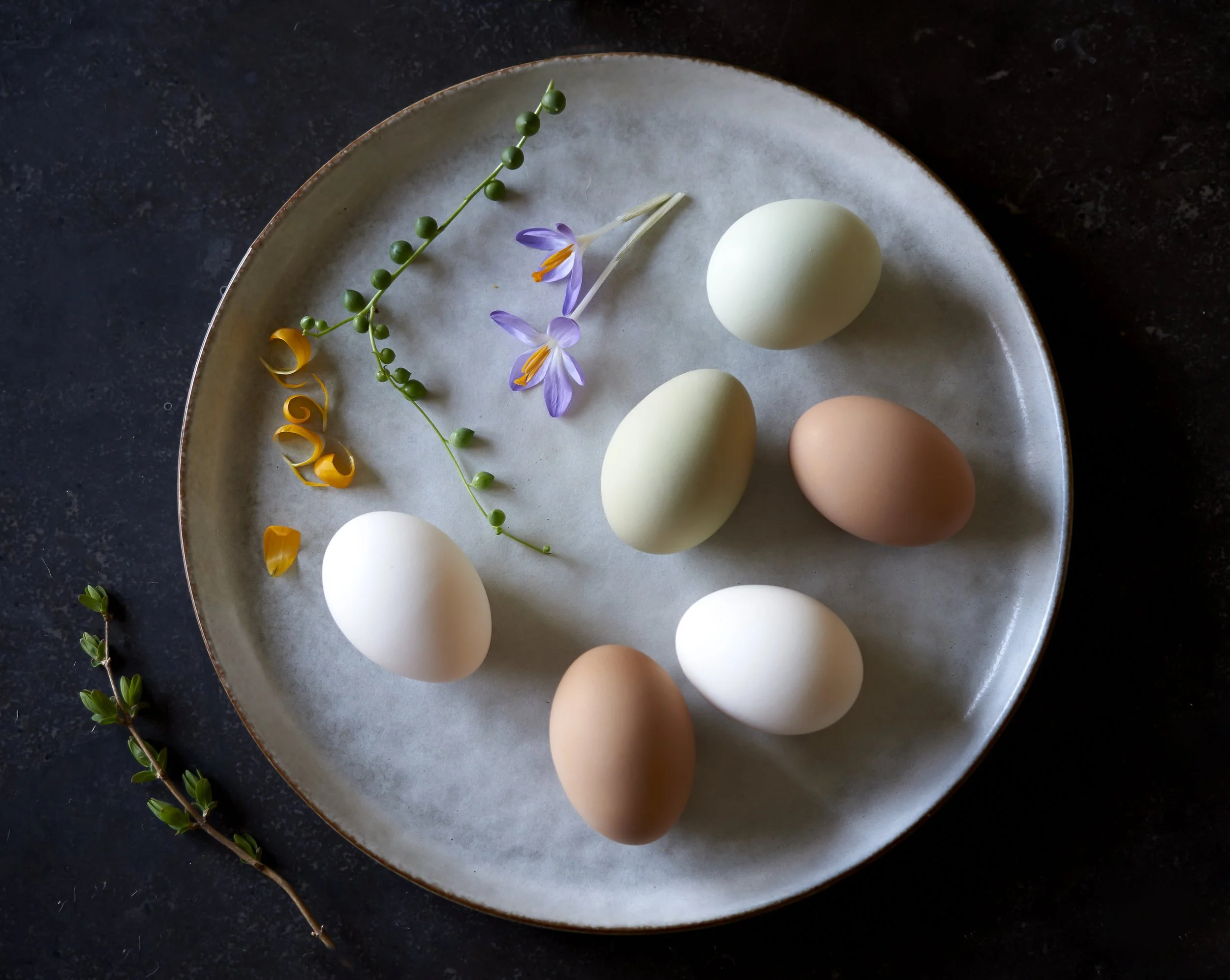 Plate with six eggs (white, beige, and light green) and a sprig of greenery with small green berries and purple flowers on a dark surface.