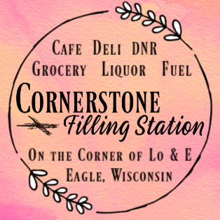 Sign for Cornerstone Filling Station, a cafe, deli, DNR, grocery, liquor, and fuel station on the corner of Lo and E, Eagle, Wisconsin, with floral decorations on a pink background.
