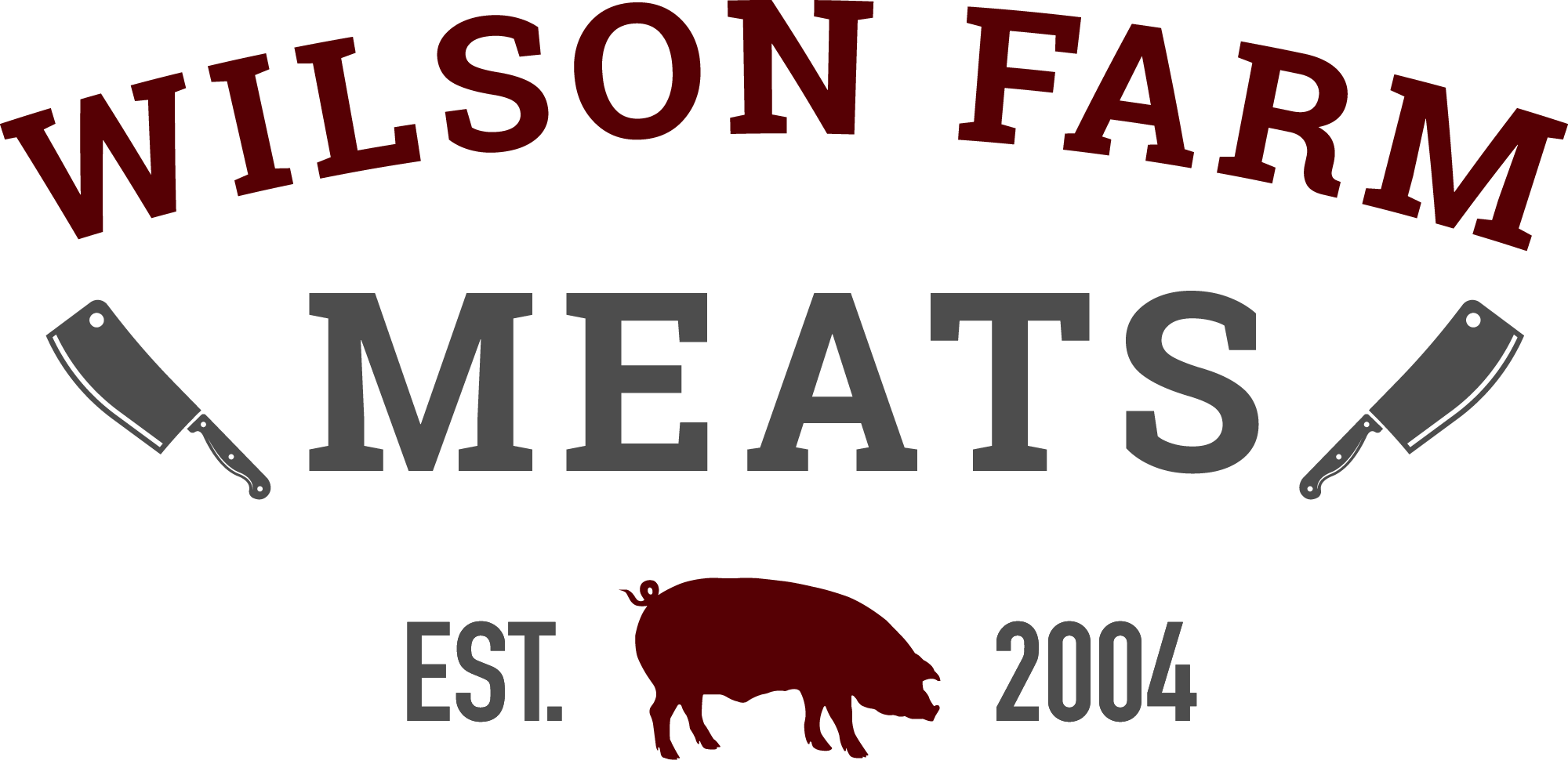 Logo of Wilson Farm Meats, established in 2004, featuring the business name in red and gray text, two meat cleavers crossing underneath, and a pig silhouette.