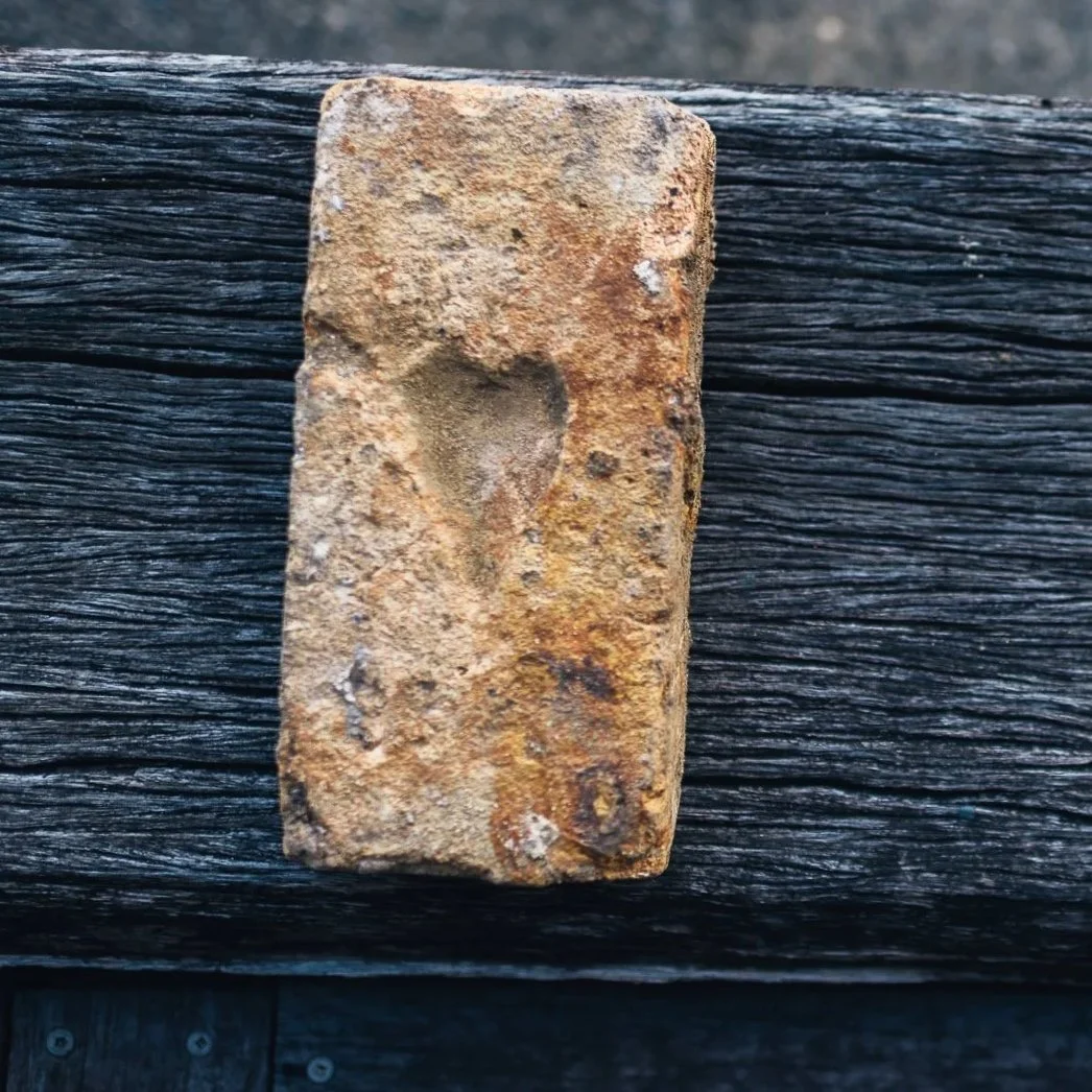 A rusty, rectangular metal nail embedded in a dark, weathered wooden surface.