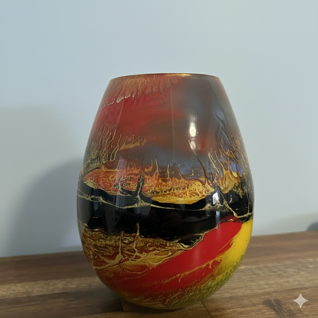 Colorful ceramic vase with black, red, yellow, and gold abstract patterns on a wooden surface.
