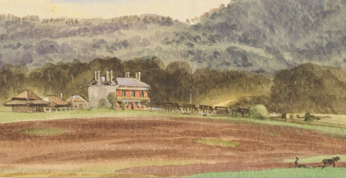 Watercolor painting of a rural landscape with houses, a barn, and fields, mountains in the background, and two horses in the foreground.