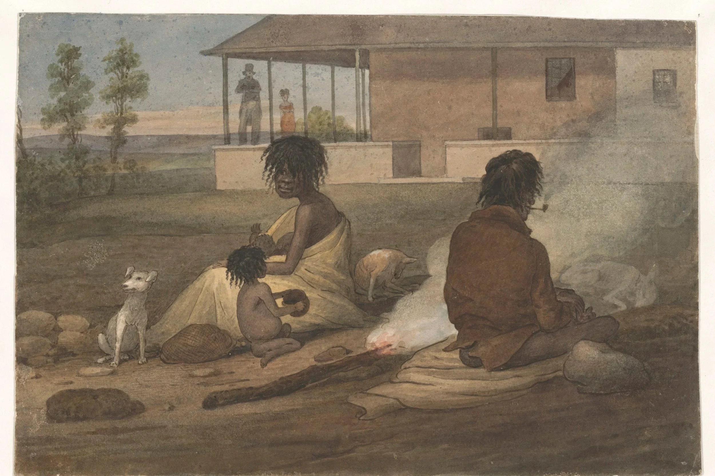 A historical painting of African American people sitting on the ground outside a house, with a man and woman standing on the porch in the background. A dog is sitting next to a child in the foreground.