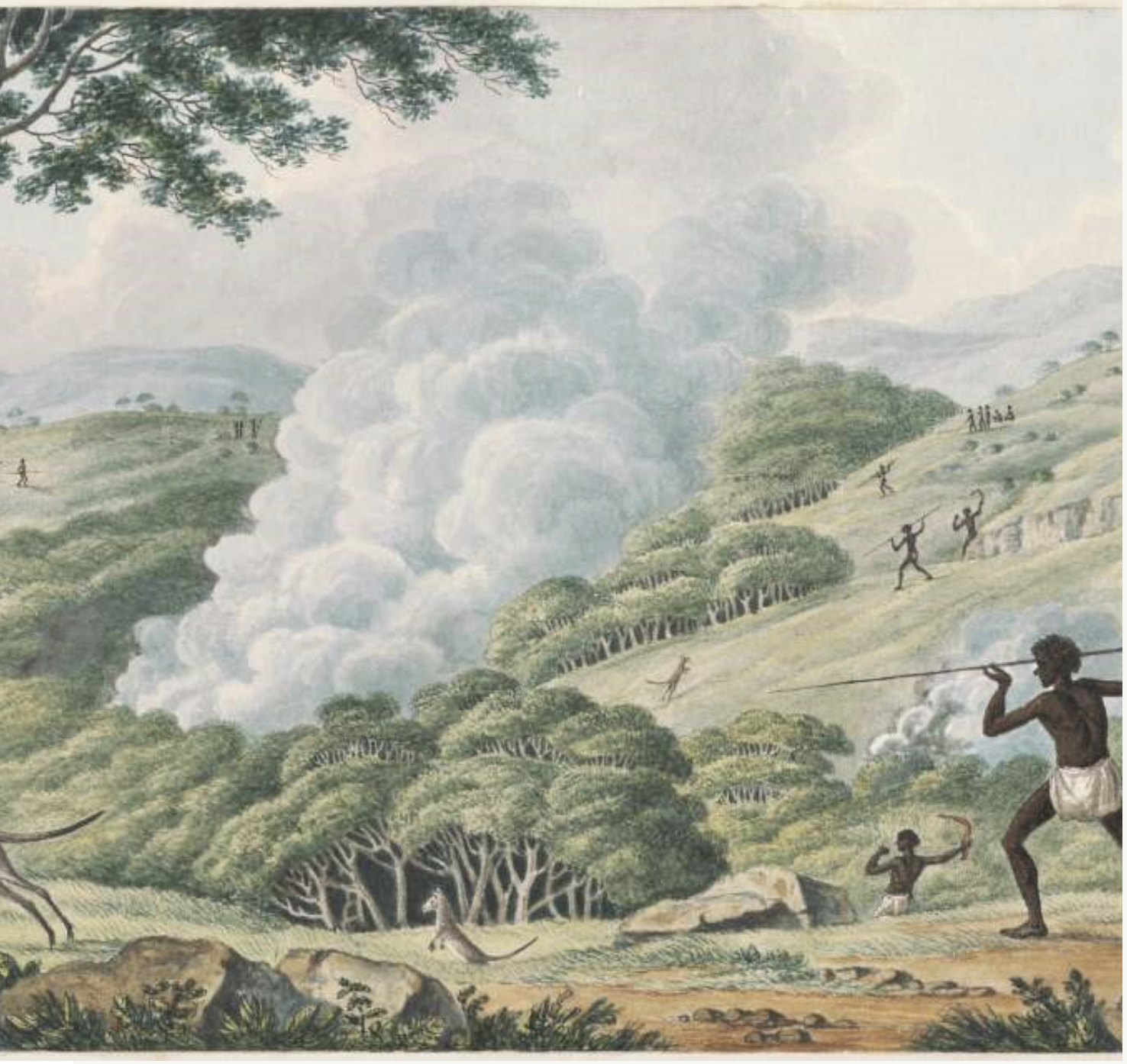 An illustrated scene of ancient African people working in a landscape with trees and hills, some carrying spears and others using tools, surrounded by animals such as a bird and a lizard.