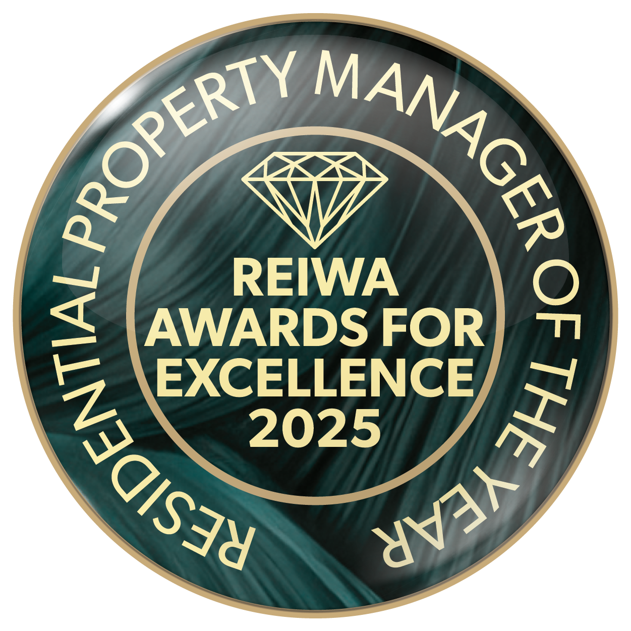 Circular award badge with a diamond icon and text 'REIWA AWARDS FOR EXCELLENCE 2025,' surrounded by the phrase 'REIWA, PROPRIETY MANAGER OF THE YEAR' on a dark marbled background. Daria Tedling property manager of the year 2025 Western Australia WA
