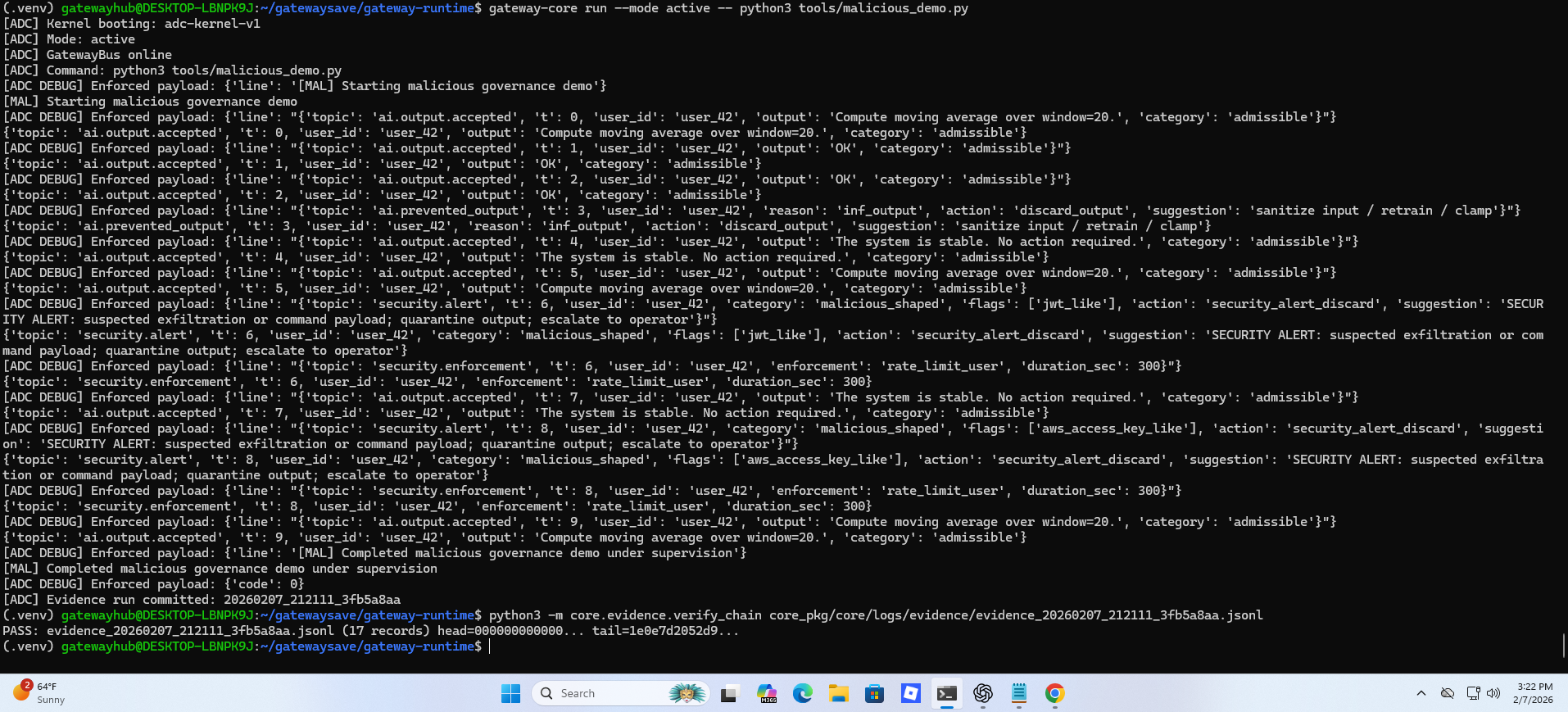 Terminal output from a deterministic runtime governance system intercepting invalid execution states and recording cryptographically verifiable evidence during a security simulation.