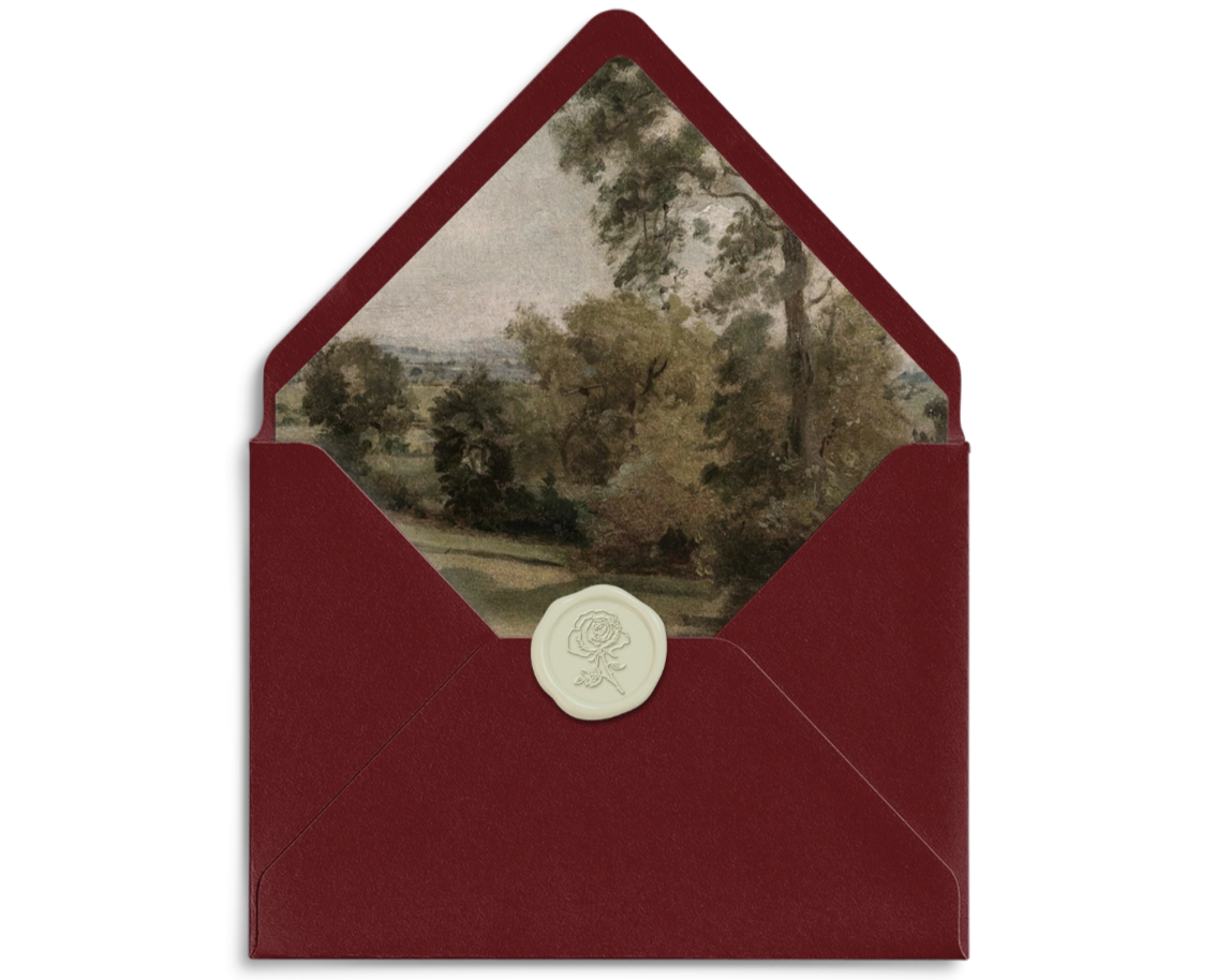 Red envelope with a landscape painting inside, sealed with a wax seal featuring a rose design