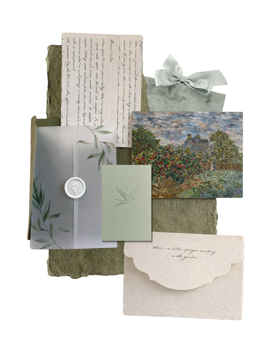 A collection of vintage-style stationery including handwritten letters, colorized landscape painting, and elegant envelopes with a pale green ribbon and embossed bird motif.