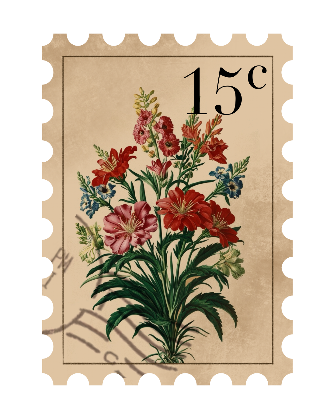 Vintage postage stamp featuring a detailed illustration of a bouquet of mixed colorful flowers including red, pink, blue, and orange blooms, with the denomination 15 cents in the top right corner.
