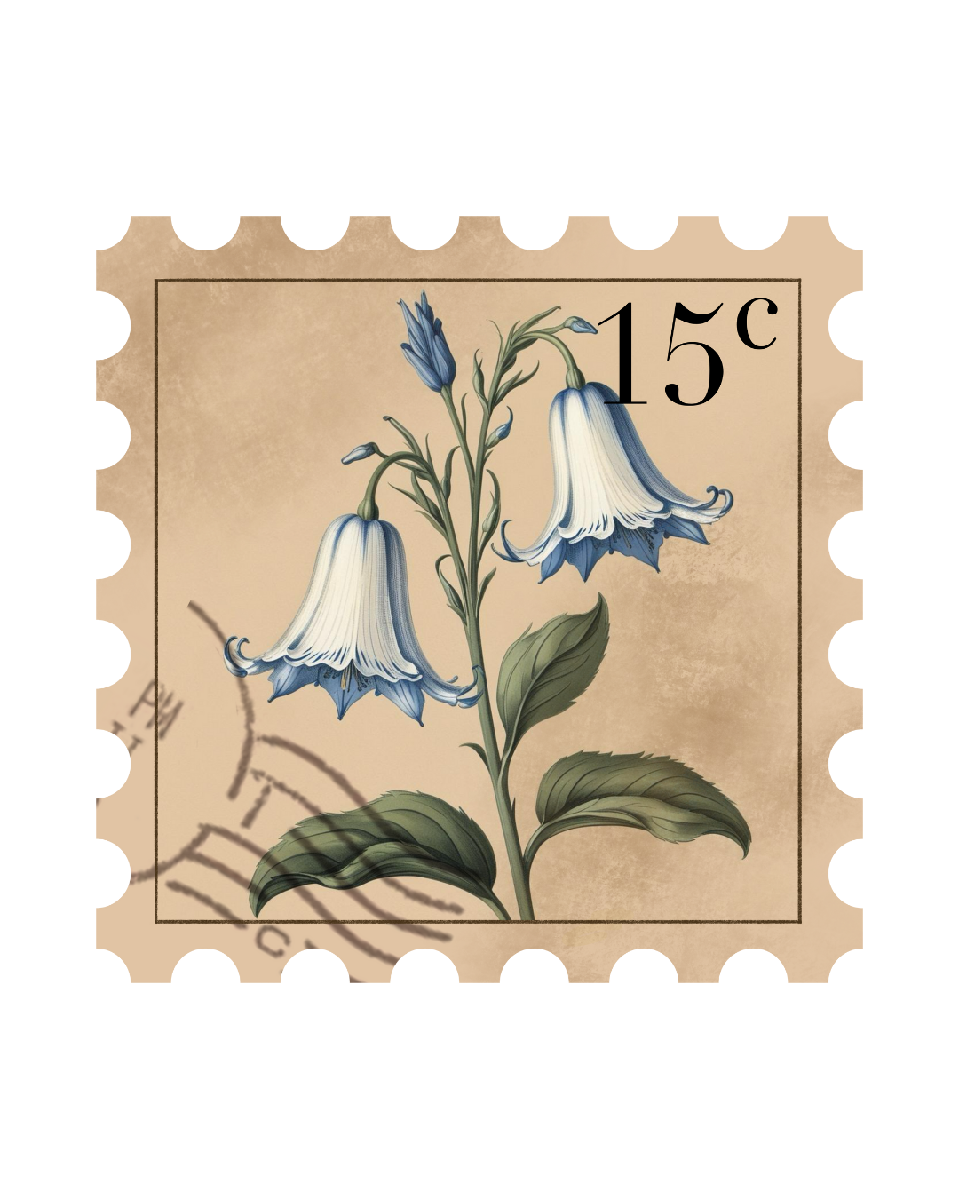 A vintage postage stamp featuring a blue and white bell-shaped flower with green leaves, marked 15 cents.